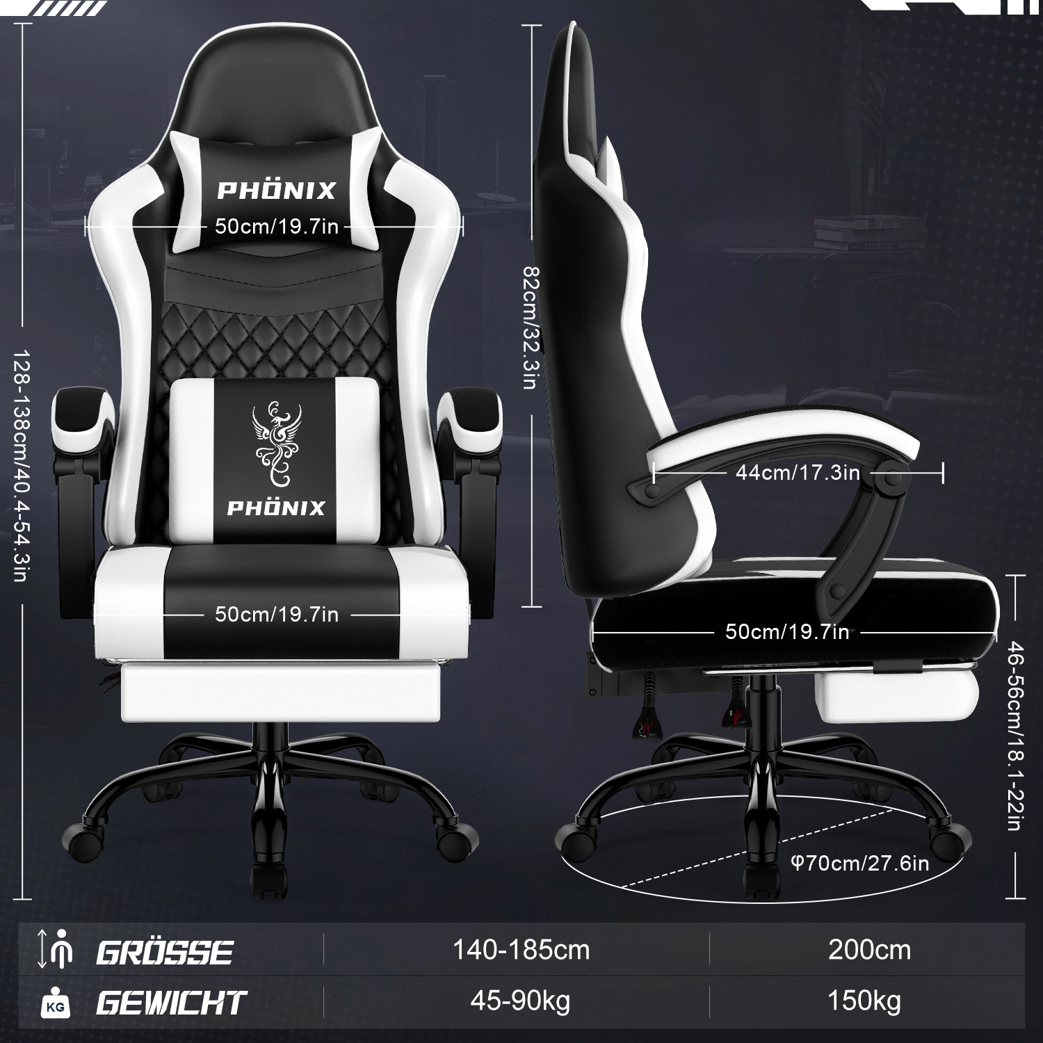 Gaming-Stuhl in Schwarz und Weiß mit Maßangaben. Enthält den Markennamen PHONIX und Größeninformationen.