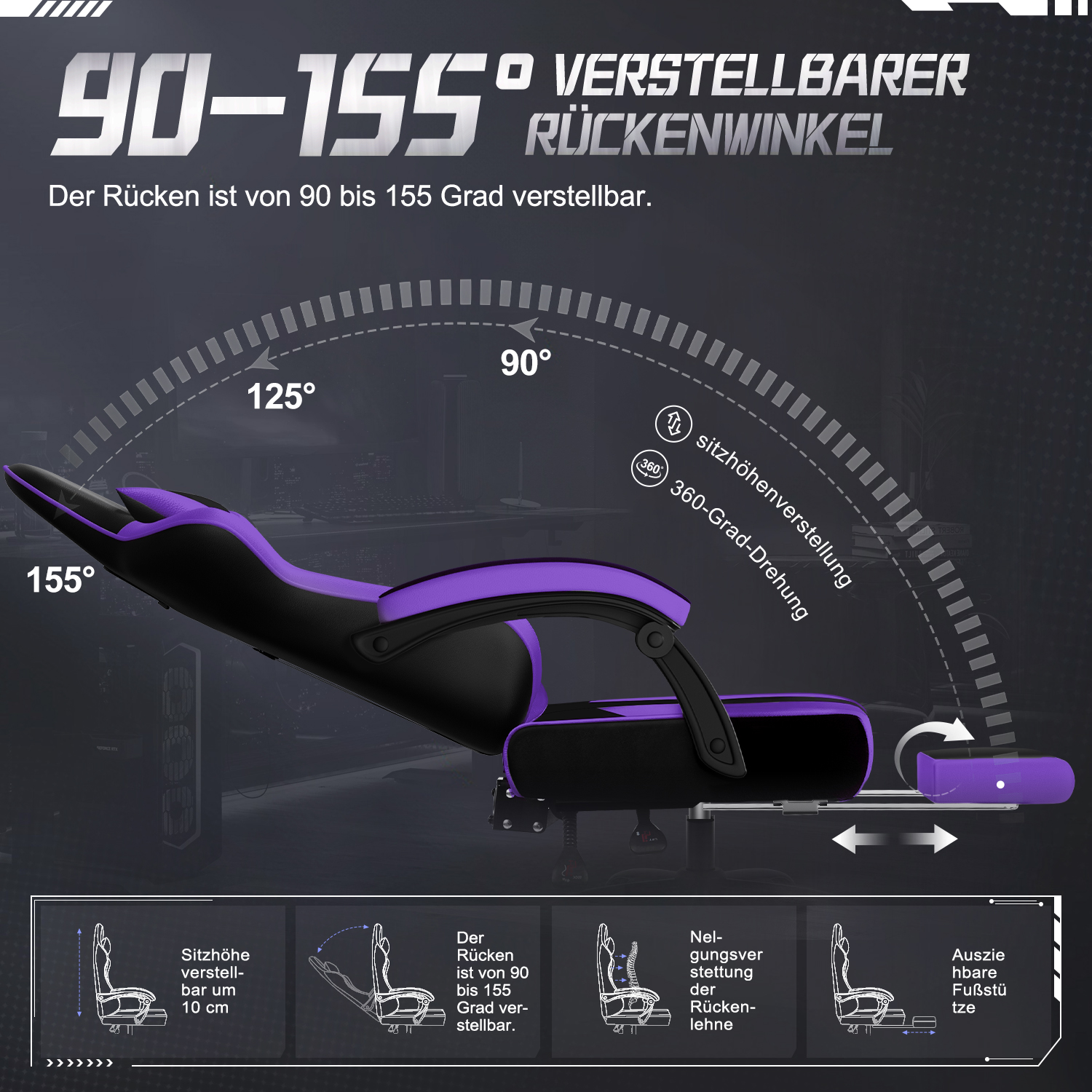 Ein Gaming-Stuhl mit verstellbarem Rückenwinkel (90-155 Grad). Lila und schwarzes Design mit Diagrammen zu Funktionen wie Höhenverstellung.