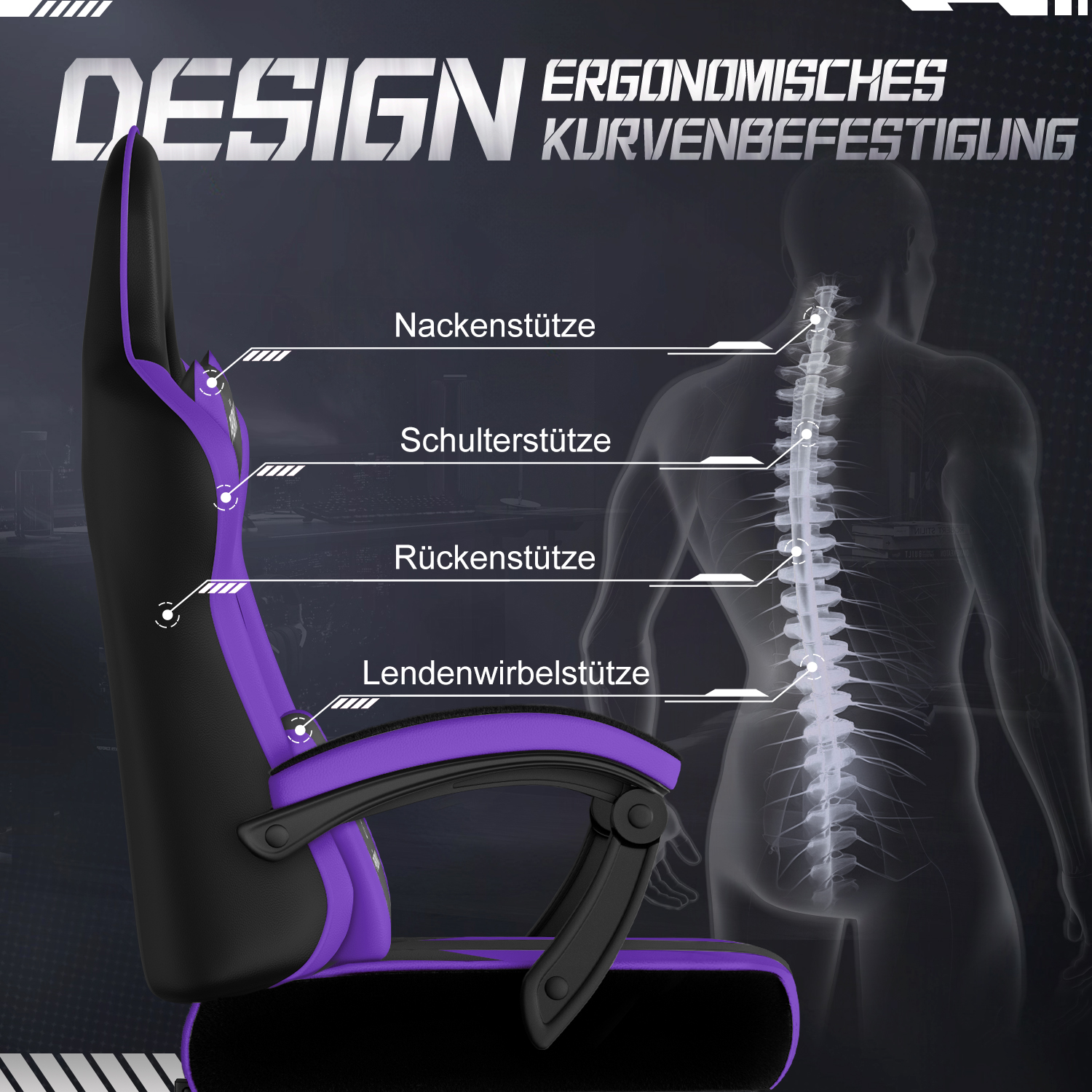 Ein Gaming-Stuhl mit ergonomischem Design, der die Rückenstützbereiche und eine menschliche Wirbelsäulenillustration zeigt.