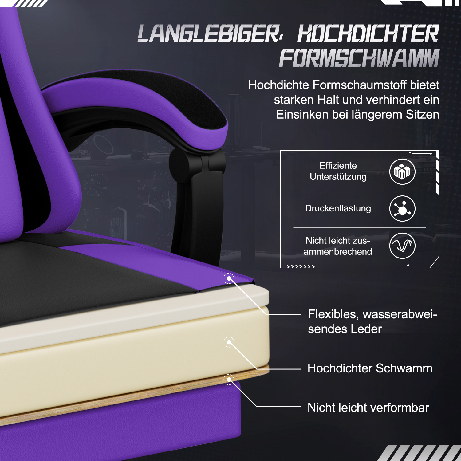 Nahaufnahme eines lila-schwarzen Gaming-Stuhls, der seine Form hervorhebt. Merkmale sind hochdichter Schaumstoff, flexibles, wasserfestes Leder.