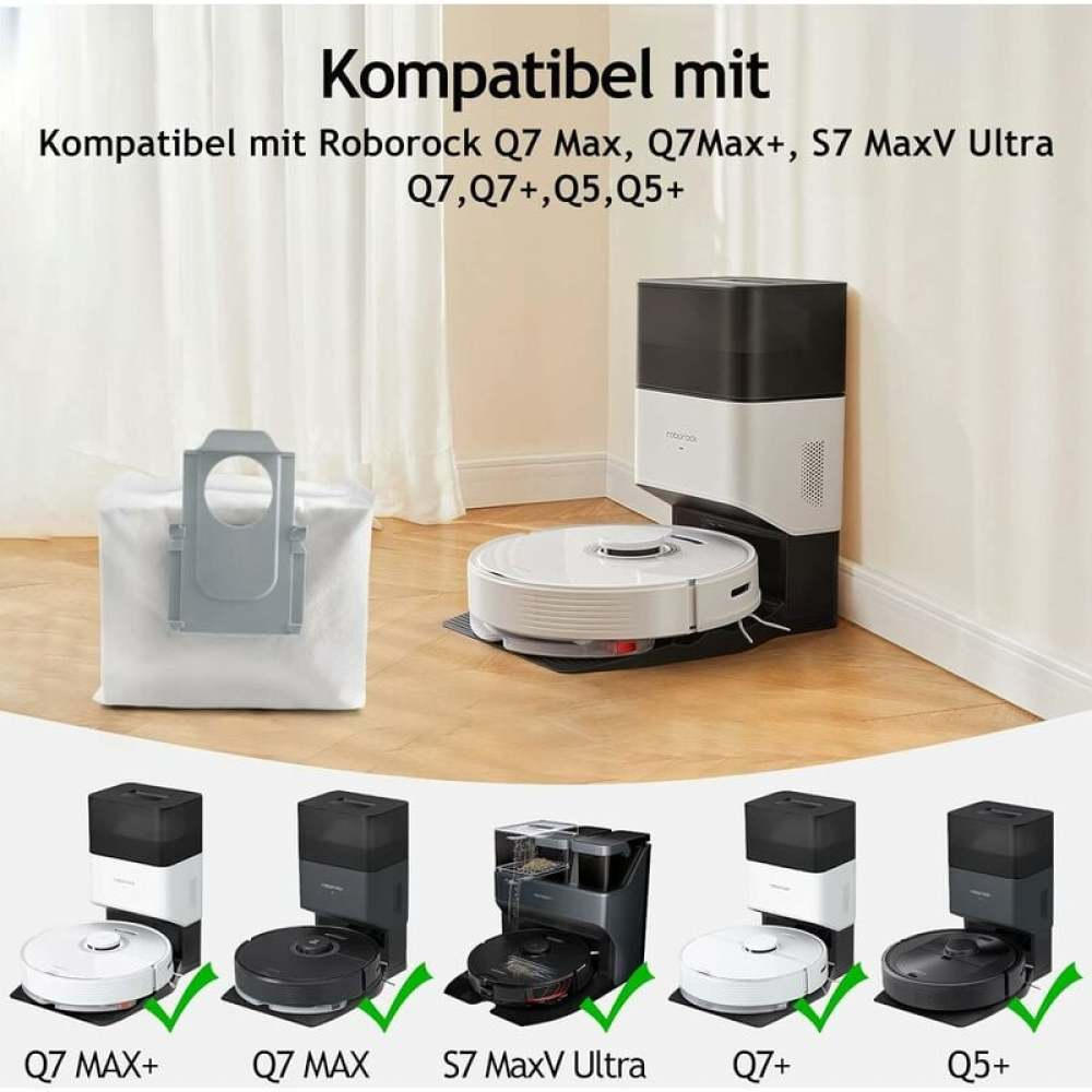 Roborock Staubsauger mit Staubbeutel und Ladestation. Modelle: Q7 Max, Q7 Max+, S7 MaxV Ultra, Q7, Q7+, Q5, Q5+.