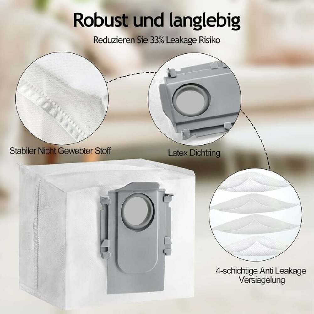 Das Bild zeigt einen Staubsaugerbeutel mit Detailansichten von Materialien und Dichtungen. Der Text hebt Funktionen wie Leckageverringerung hervor.