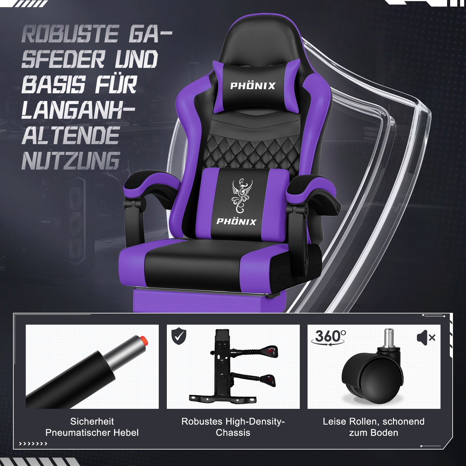 Gezeigt wird ein lila-schwarzer Gaming-Stuhl. Er hat eine Kopfstütze und ein Lendenkissen. Drei Nahaufnahmen zeigen die Teile des Stuhls.