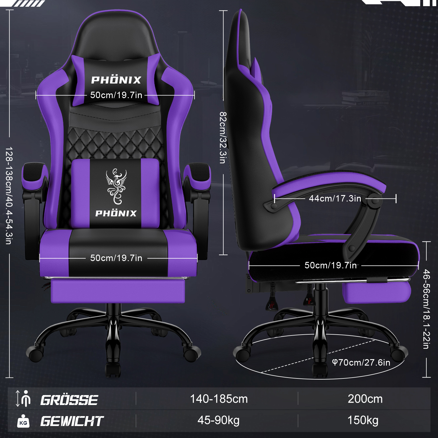 Ein Gaming-Stuhl in Schwarz und Lila mit Maßangaben. Der Stuhl hat ein Logo und Angaben zu Gewicht und Größe.