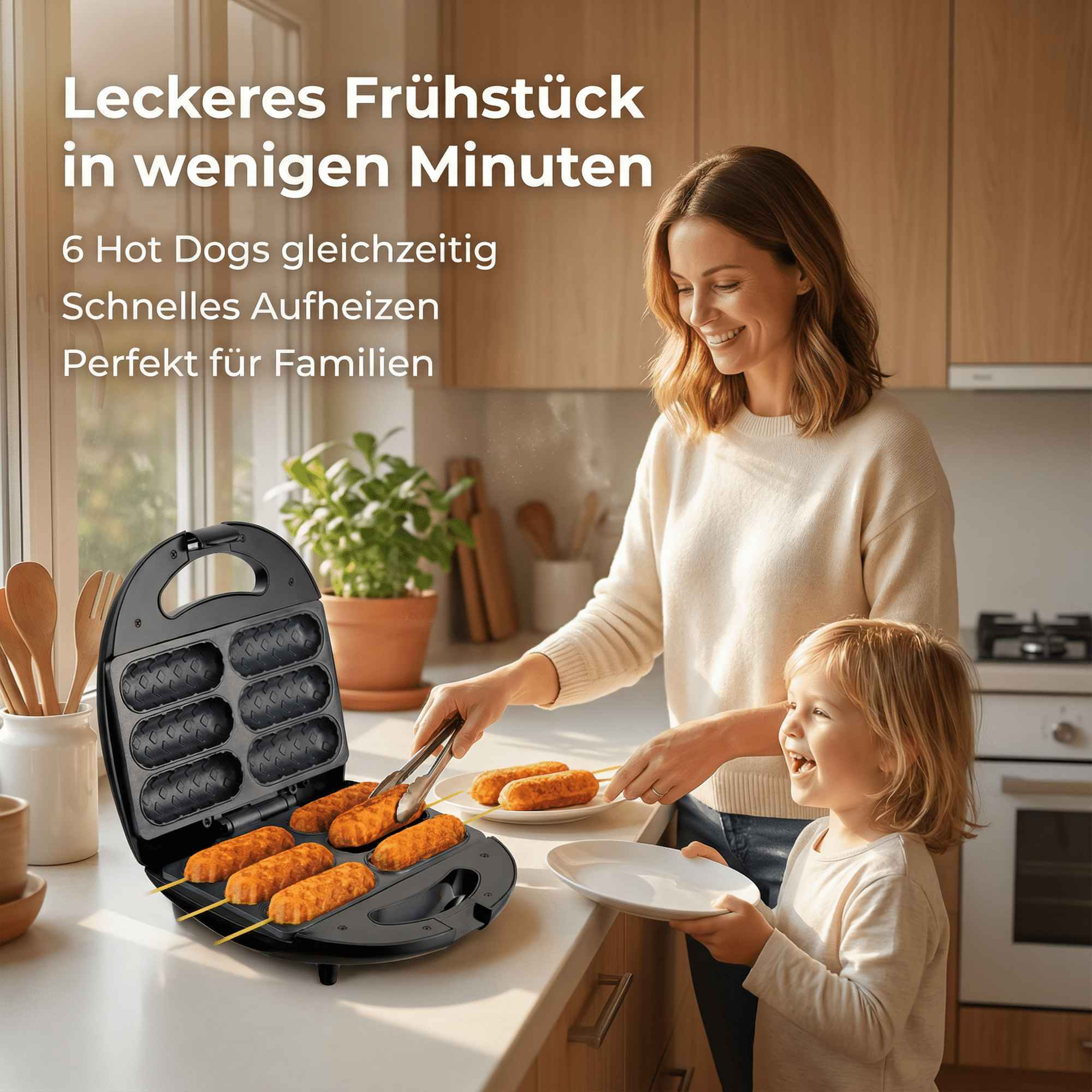Eine Frau und ein Kind kochen Hot Dogs mit einem Hotdog-Maker. Das Kind hält einen Teller.