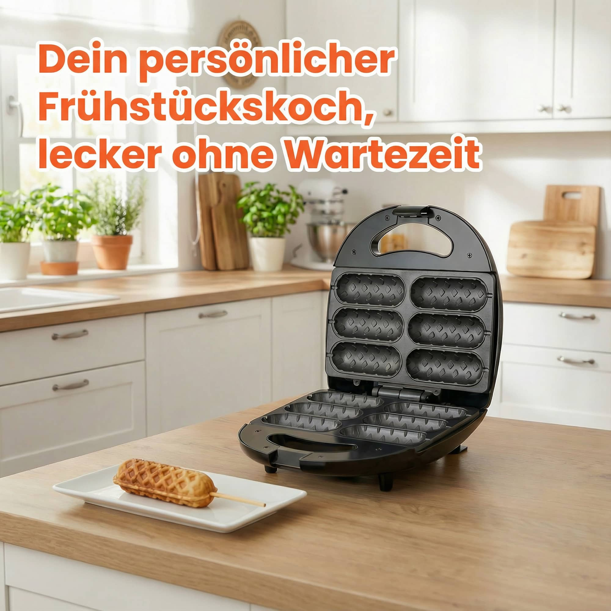Küchenszene mit Waffeleisen, Waffel auf einem Teller und Text: 'Ihr persönlicher Frühstückskoch'.