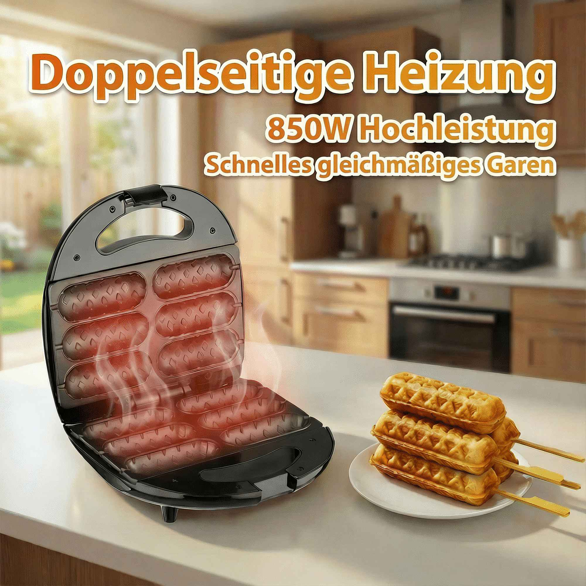 Ein Waffeleisen mit Waffeln auf einem Teller. Text: Doppelseitige Heizung, 850W Hochleistung, Schnelles gleichmäßiges Garen.