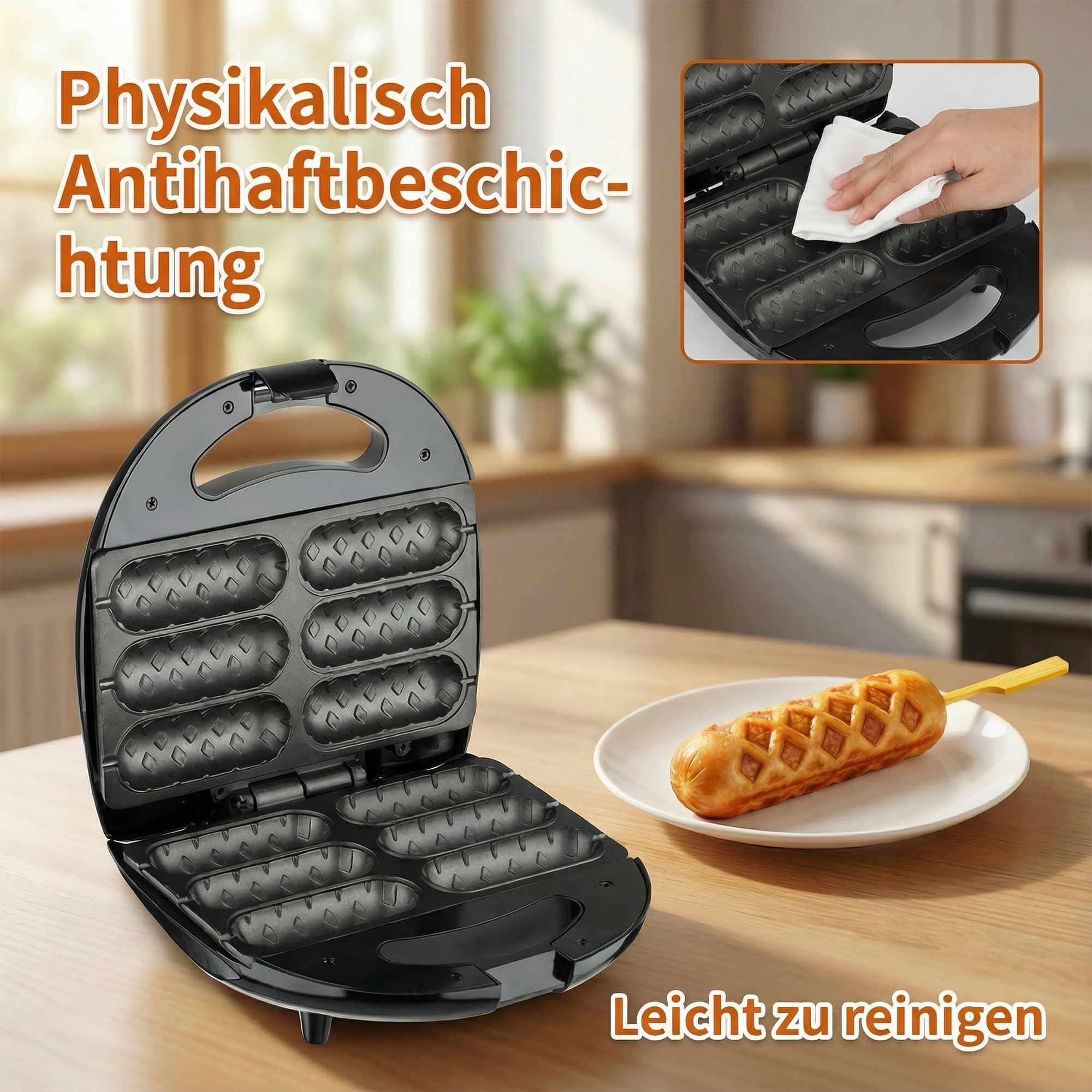 Ein schwarzer Waffeleisen mit einem gekochten Waffel auf einem Teller. Eine Hand reinigt den Maker. Text ist auf Deutsch.