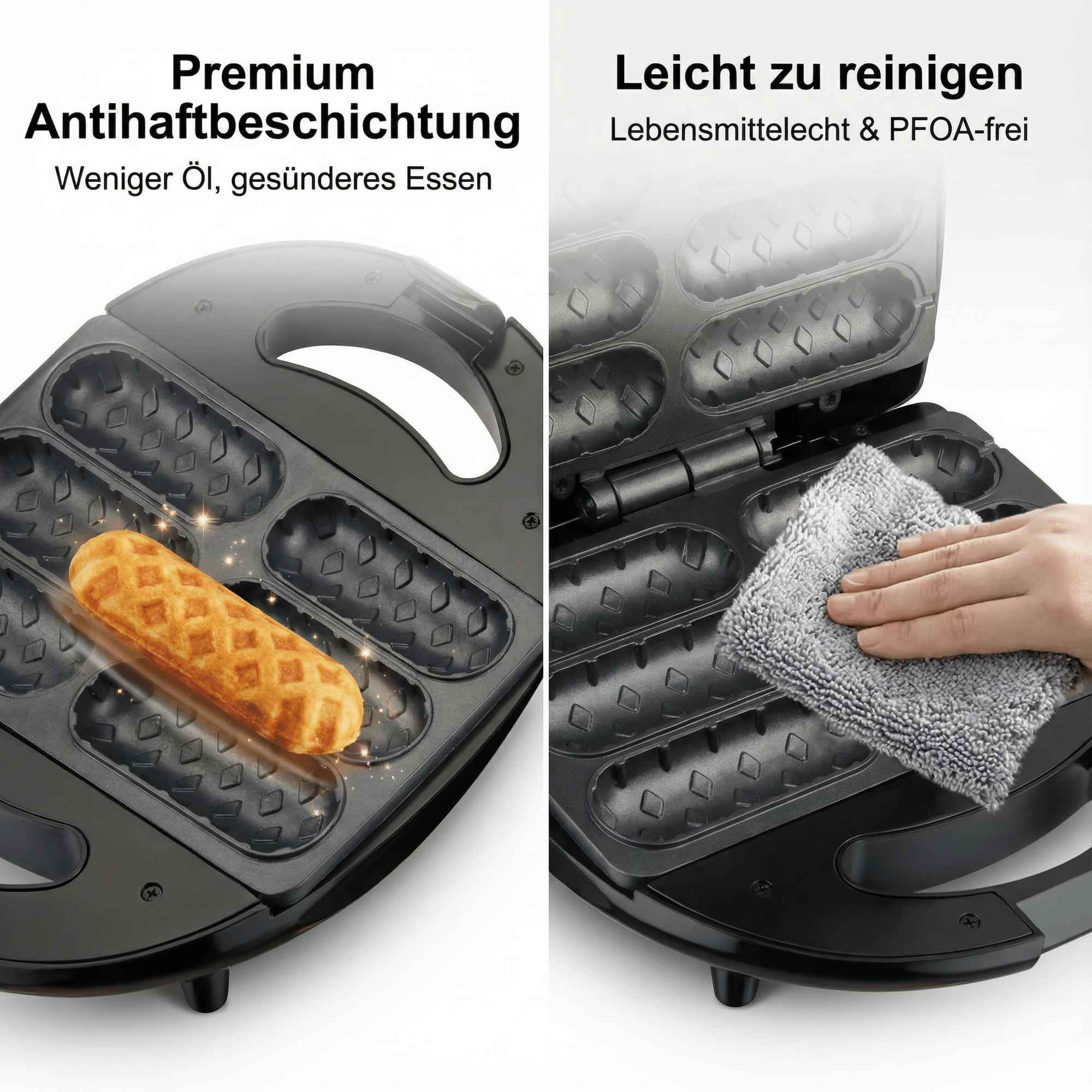 Ein Waffeleisen mit einer fertigen Waffel. Eine Hand reinigt das Eisen mit einem Tuch. Text zeigt Antihaft und einfache Reinigung.