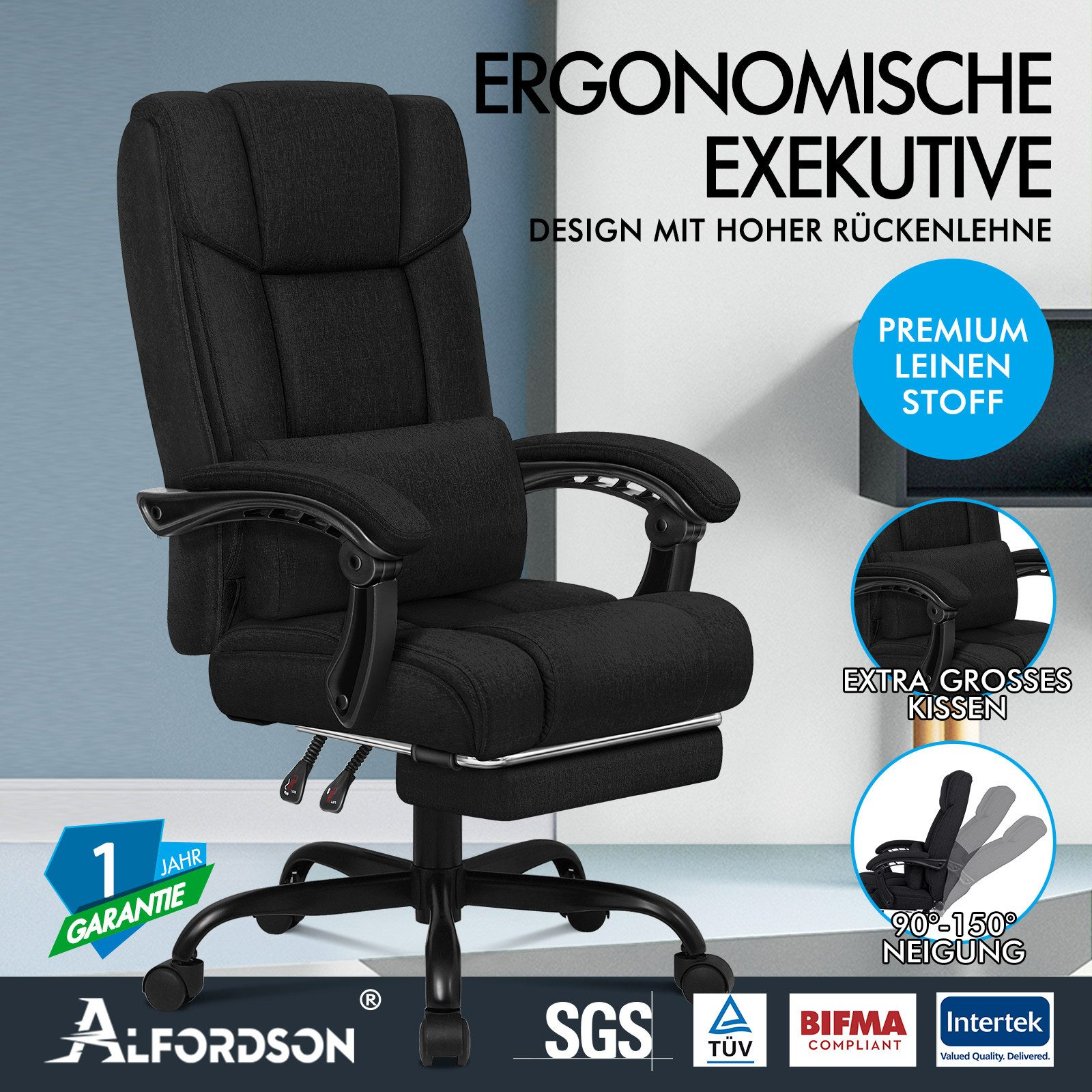 Schwarzer ergonomischer Chefsessel. Merkmale: hohe Rückenlehne, Premium-Leinenstoff und extra großes Kissen.