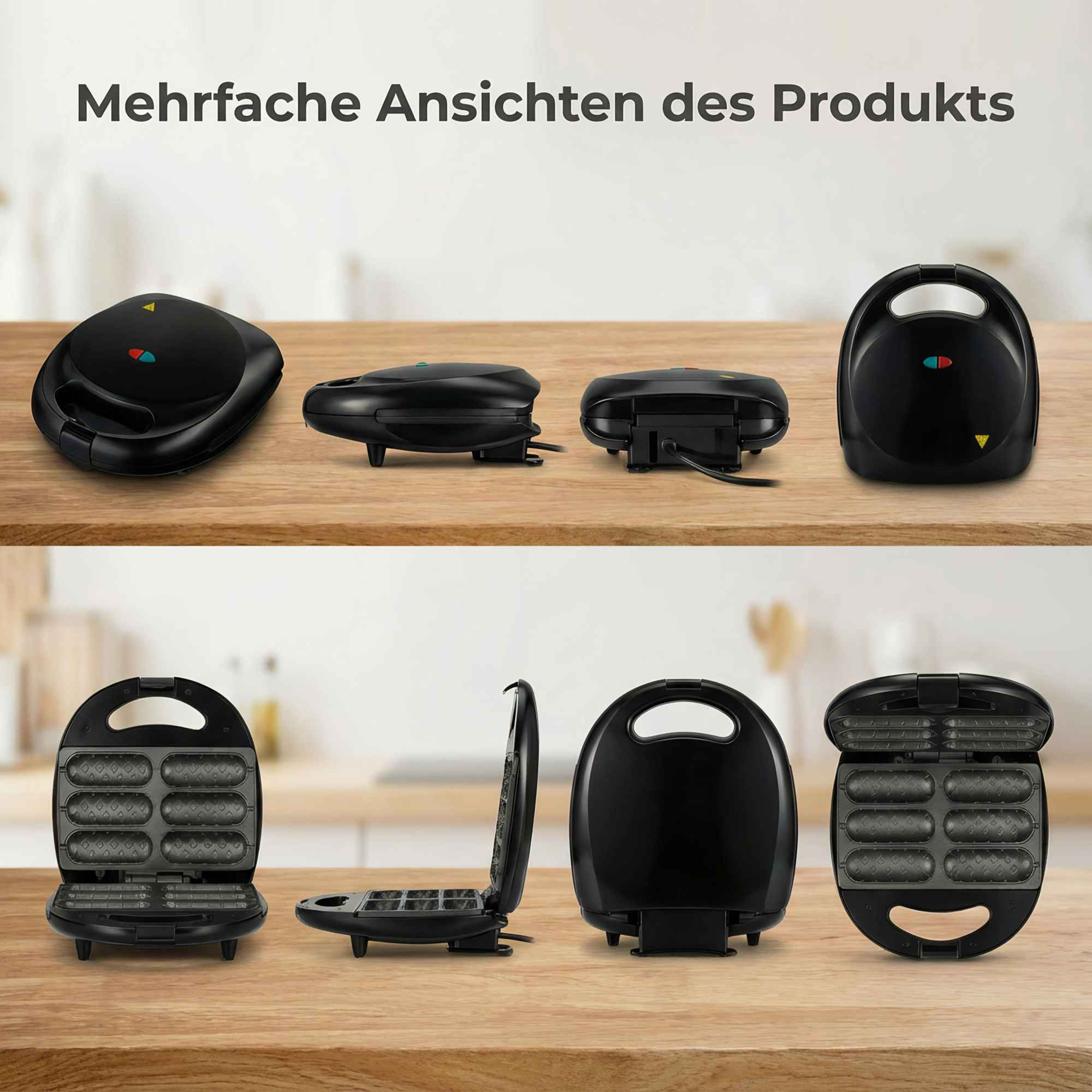 Schwarzer Waffeleisen, mehrere Ansichten. Oben: geschlossen. Unten: offen, zeigt Waffeleisen. Holzoberfläche. Weißer Hintergrund.