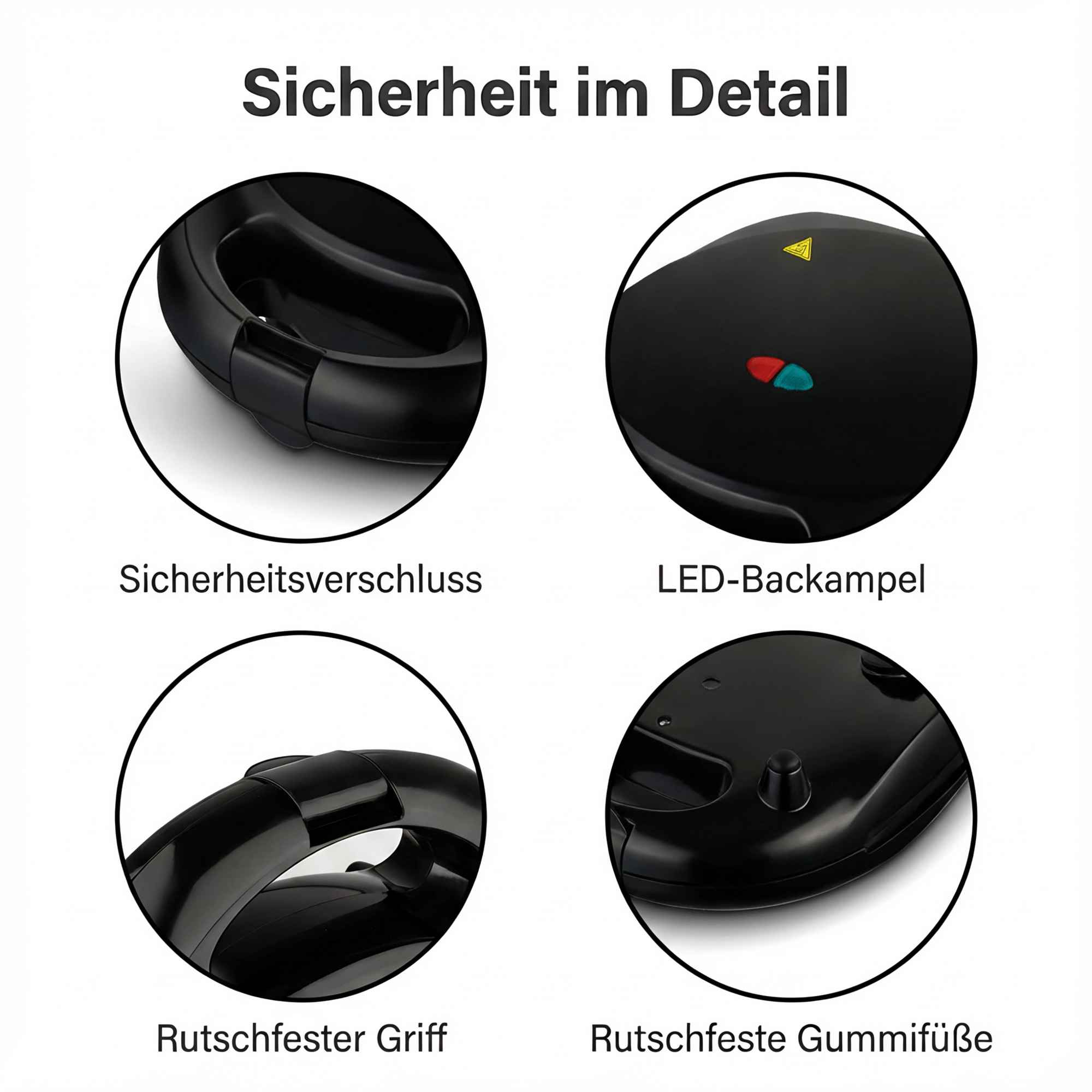 Das Bild zeigt Nahaufnahmen der Merkmale eines Waffeleisens: Sicherheitsverschluss, LED-Anzeige, rutschfester Griff und Gummifüße.