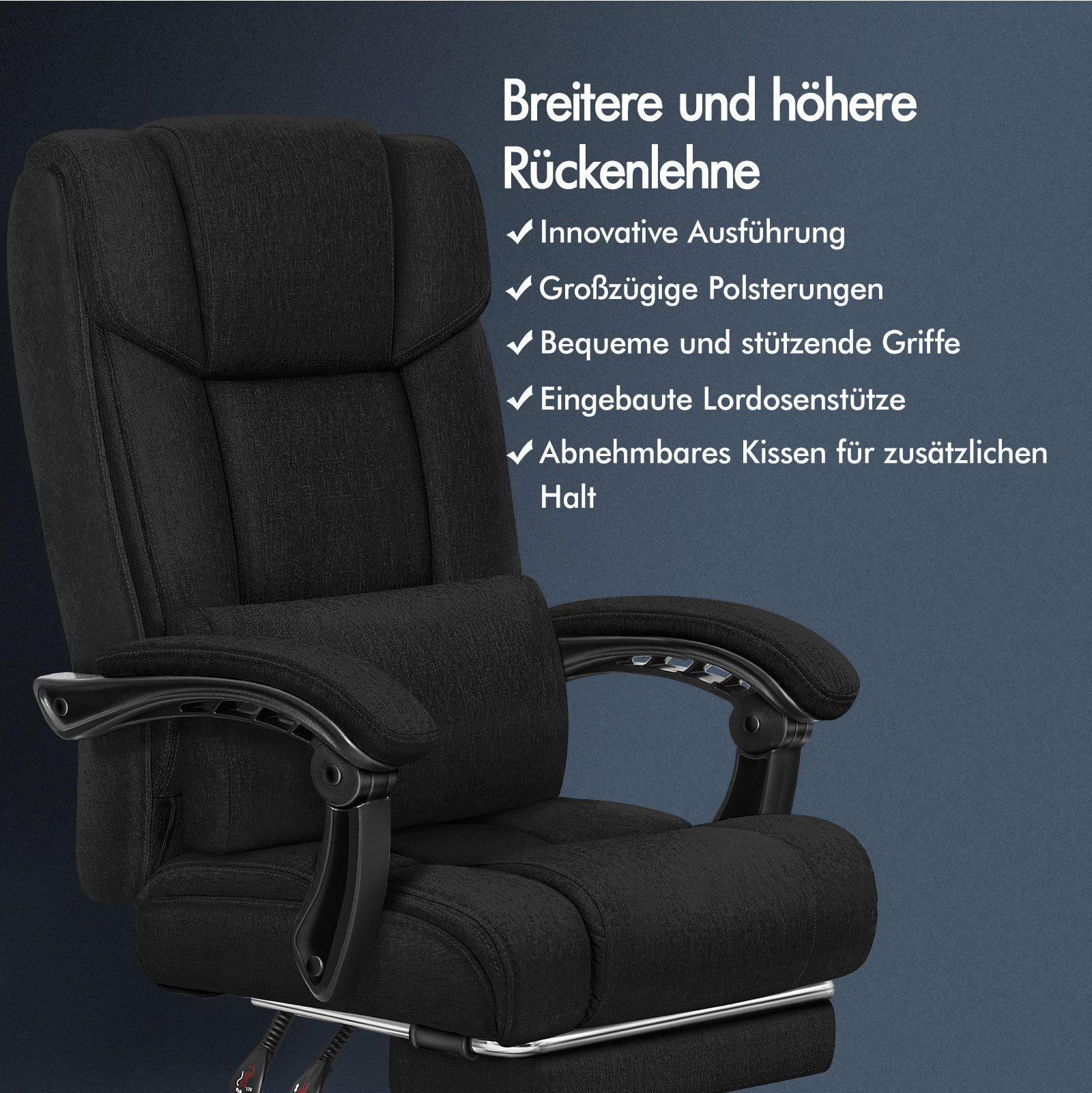 Schwarzer Bürostuhl mit hohem Rücken und Armlehnen. Text auf der rechten Seite listet Merkmale auf. Dunkelblauer Hintergrund.