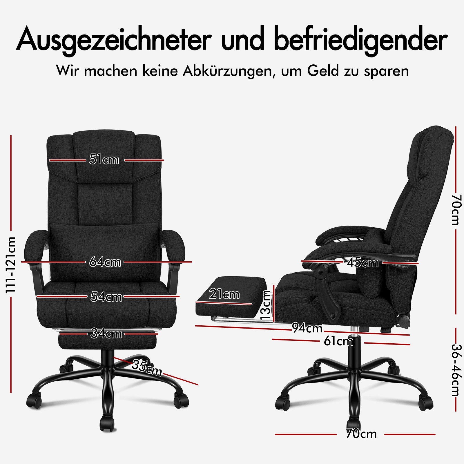 Das Bild zeigt zwei schwarze Bürostühle mit Maßangaben, einschließlich einer Fußstütze. Text oben: Ausgezeichnet und zufriedenstellend.