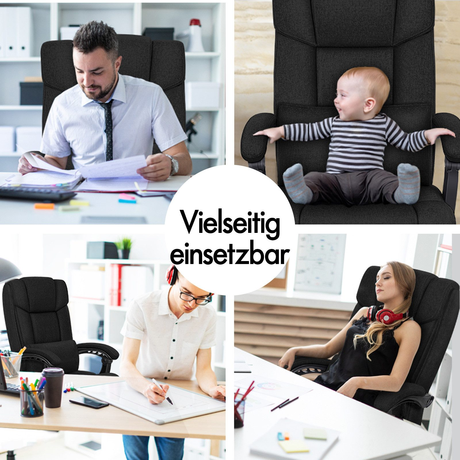 Vier Bilder zeigen Menschen in einem schwarzen Bürostuhl. Ein Mann, ein Baby, eine schreibende Person und eine Frau sitzen im Stuhl.