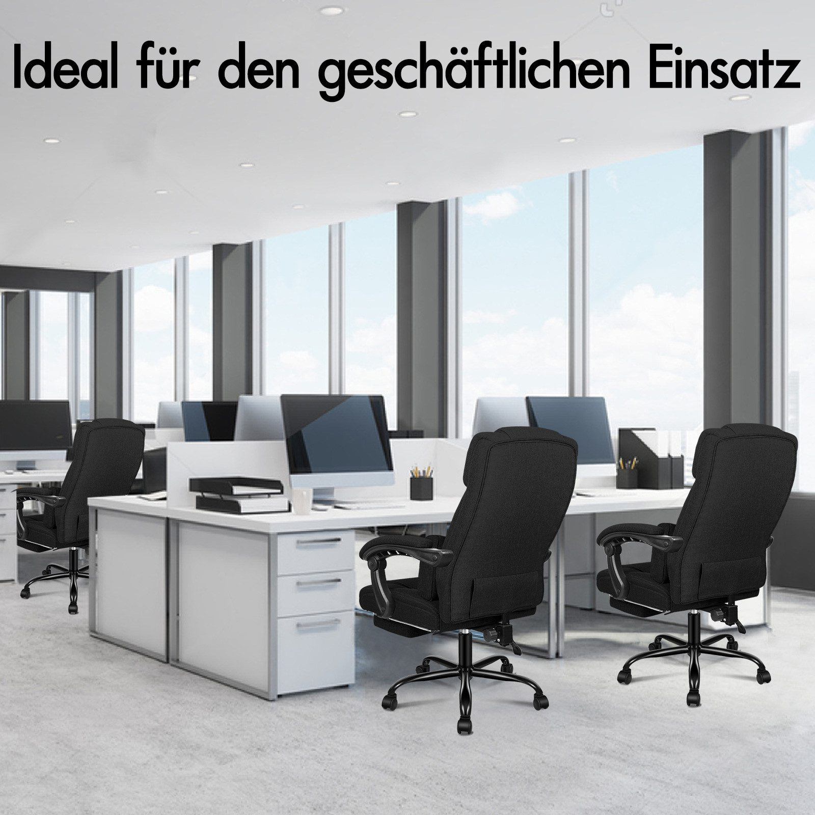 Büro mit Schreibtischen, Computern und schwarzen Stühlen. Große Fenster zeigen blauen Himmel. Text: 'Ideal für den geschäftlichen Einsatz'.