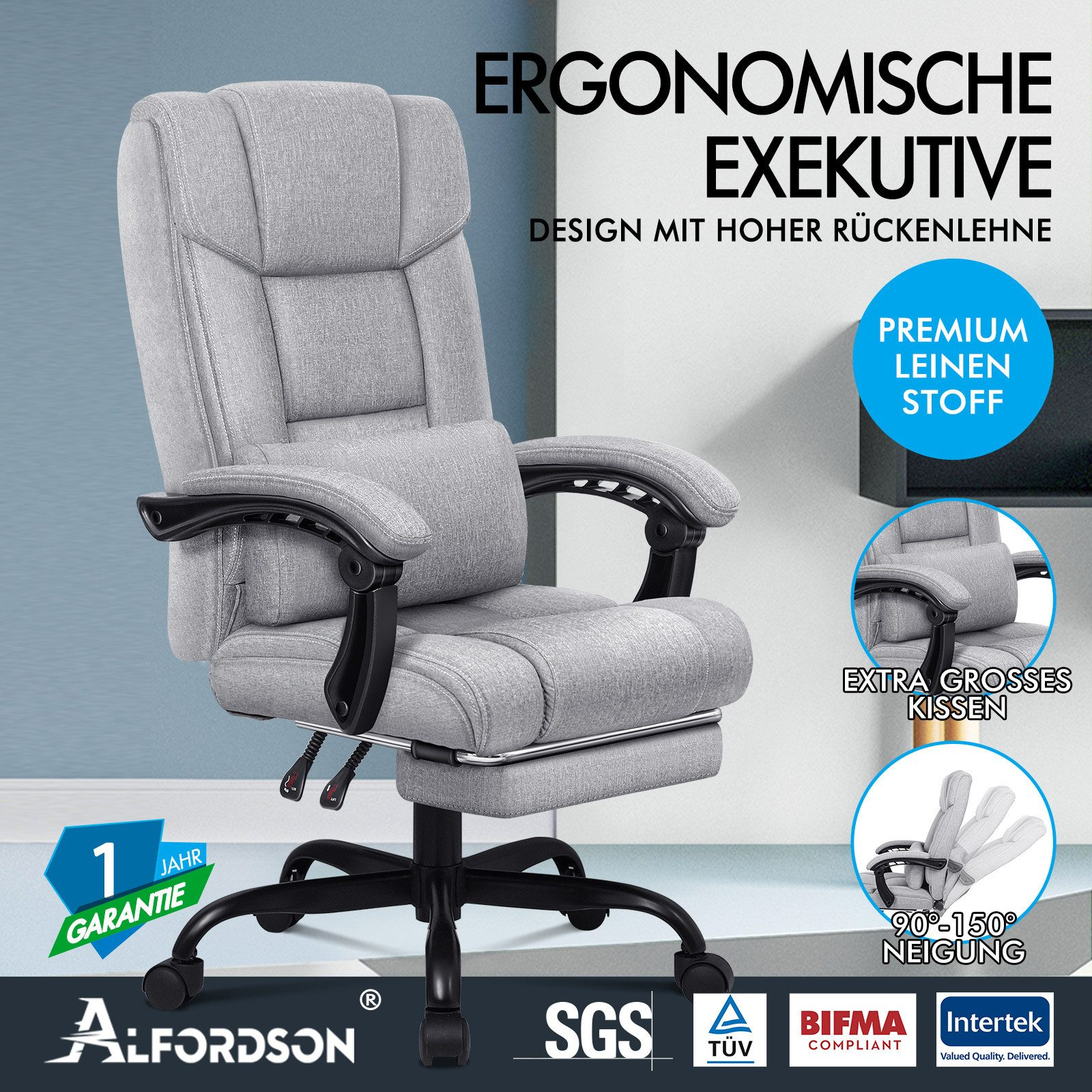 Grauer ergonomischer Bürostuhl mit schwarzen Armlehnen und Gestell. Text: ergonomisch, premium Leinenstoff.