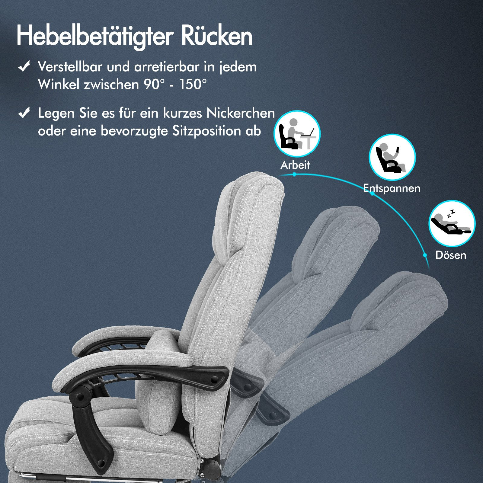 Grauer, verstellbarer Bürostuhl mit schwarzen Armlehnen. Illustrationen zeigen Arbeiten, Entspannen und Nickerchen.