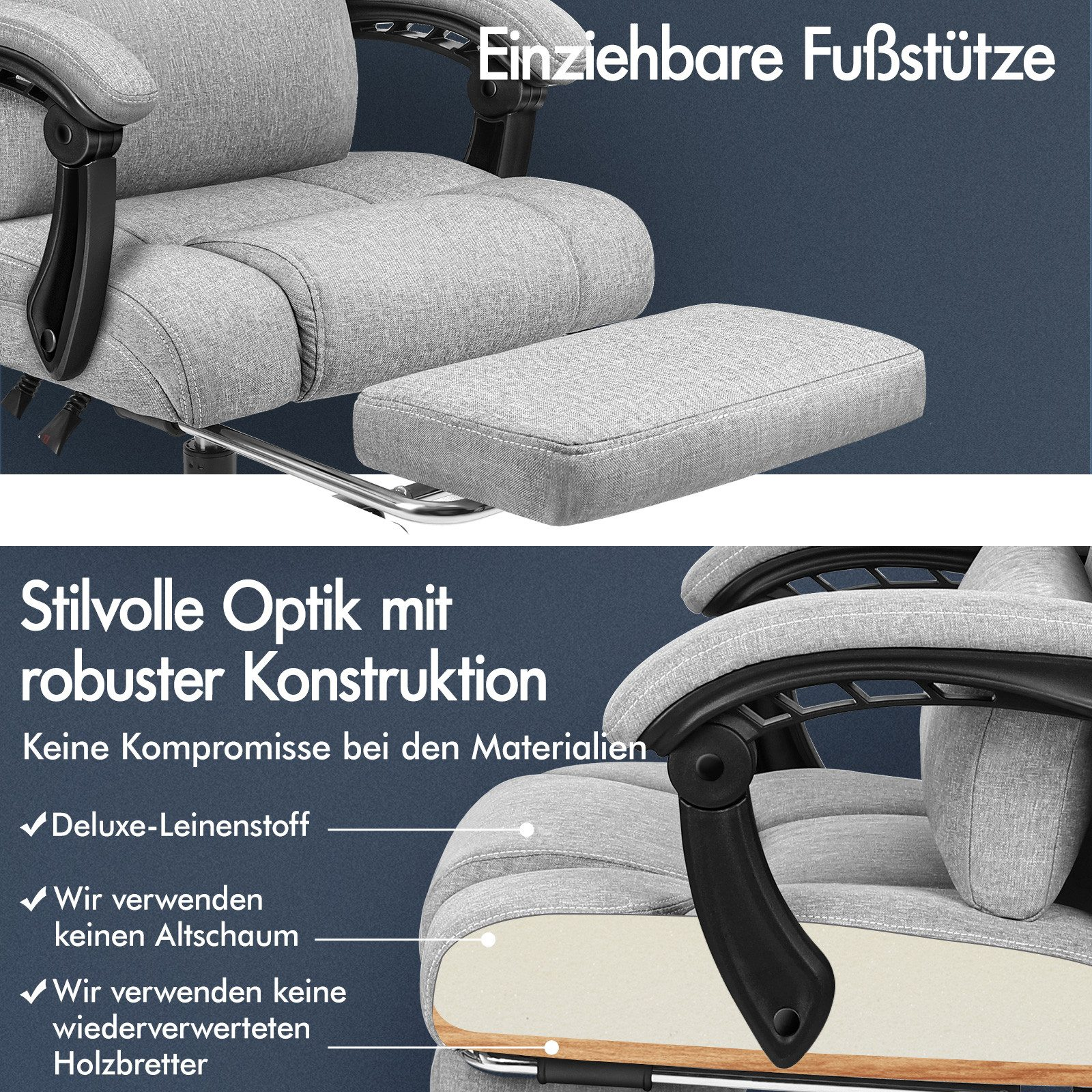 Ein grauer Bürostuhl mit Fußstütze. Der Text lautet: Stilvolles Design mit robuster Konstruktion.