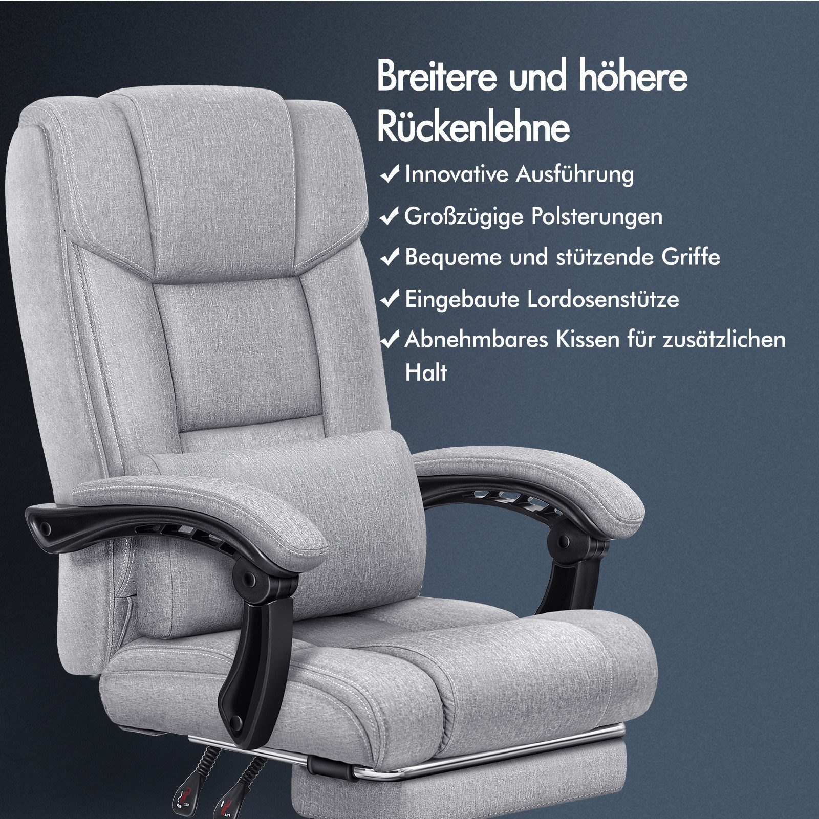 Grauer Bürostuhl mit hohem Rücken. Er hat Armlehnen und eine Kopfstütze, mit Text auf Deutsch.