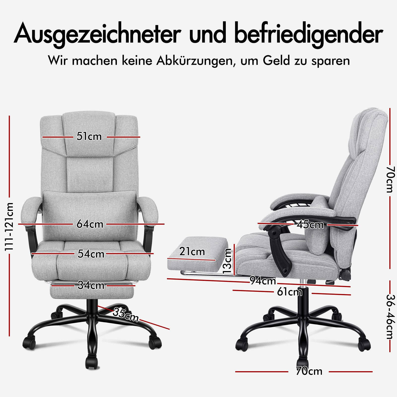 Das Bild zeigt einen grauen Bürostuhl mit Größenangaben. Eine separate Fußstütze und Messungen sind ebenfalls gezeigt.