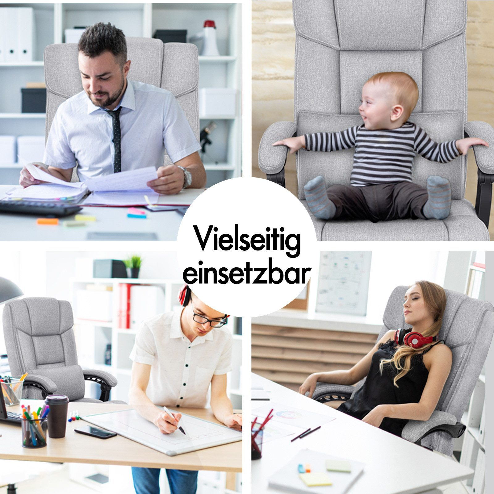 Collage, die einen Stuhl zeigt, der von verschiedenen Personen benutzt wird: Mann liest Dokumente, Baby, Person schreibt und Frau ruht sich aus.