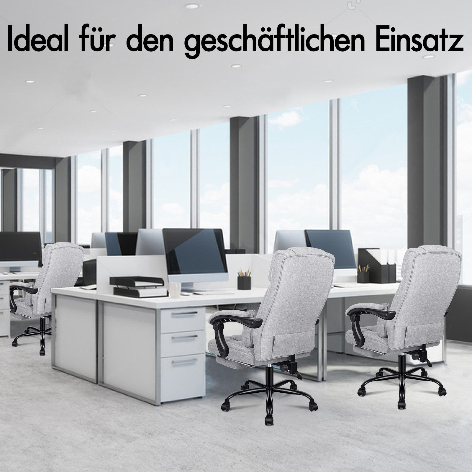 Büro mit weißen Schreibtischen und grauen Stühlen. Große Fenster zeigen blauen Himmel. Text: Ideal für den geschäftlichen Einsatz.