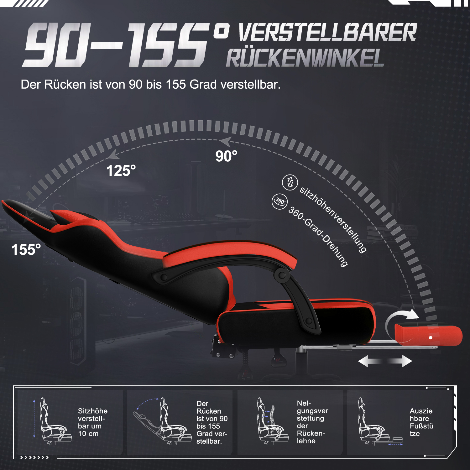 Gaming-Stuhl mit verstellbarer Rückenlehne. Schwarz-rotes Design. Zeigt Winkel und Funktionen: Höhe, Neigung und Fußstützenverstellung.