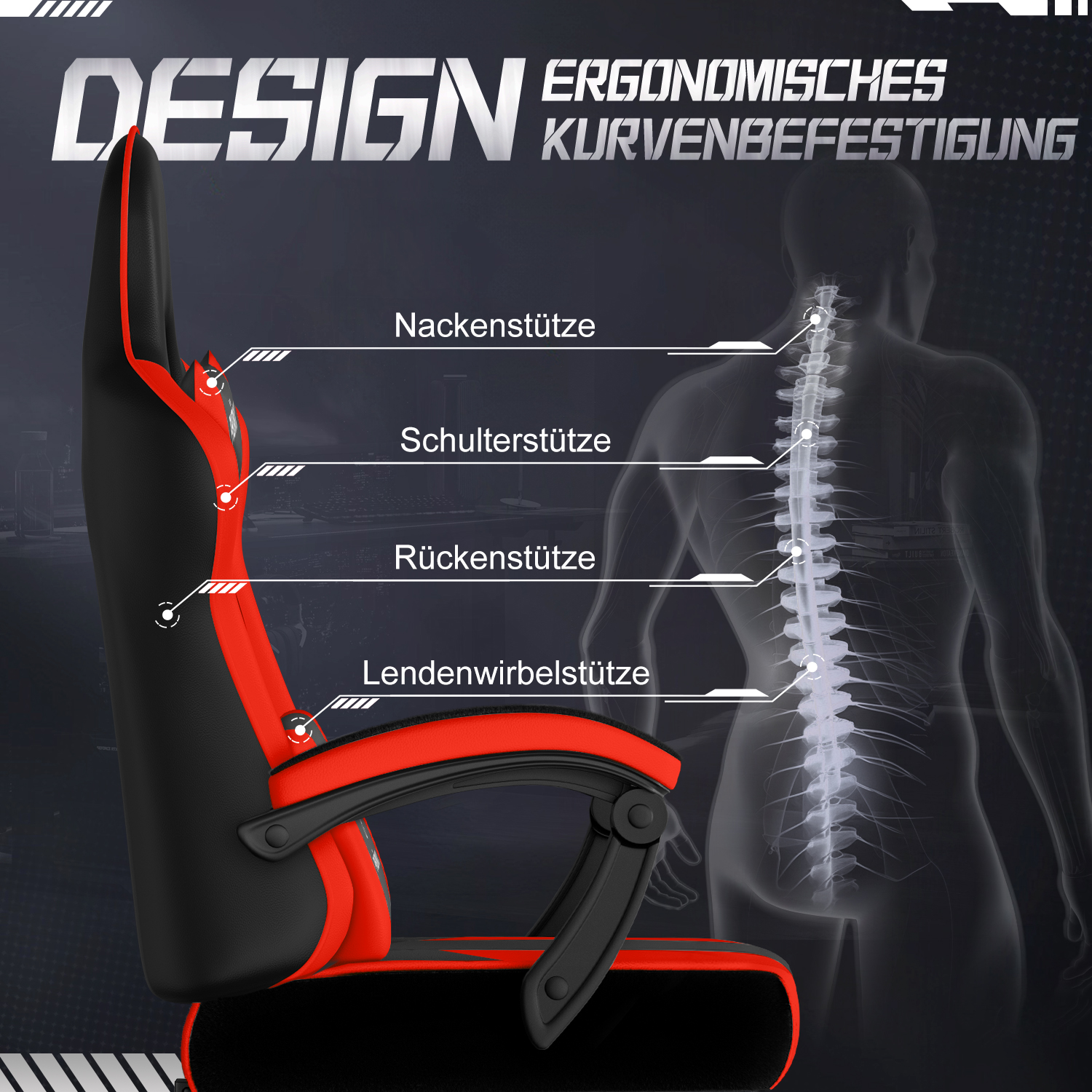 Ein Gaming-Stuhl mit rotem und schwarzem Design wird mit einer menschlichen Wirbelsäule gezeigt. Text zeigt Stützpunkte: Nacken, Schulter, Rücken und Lendenwirbel.