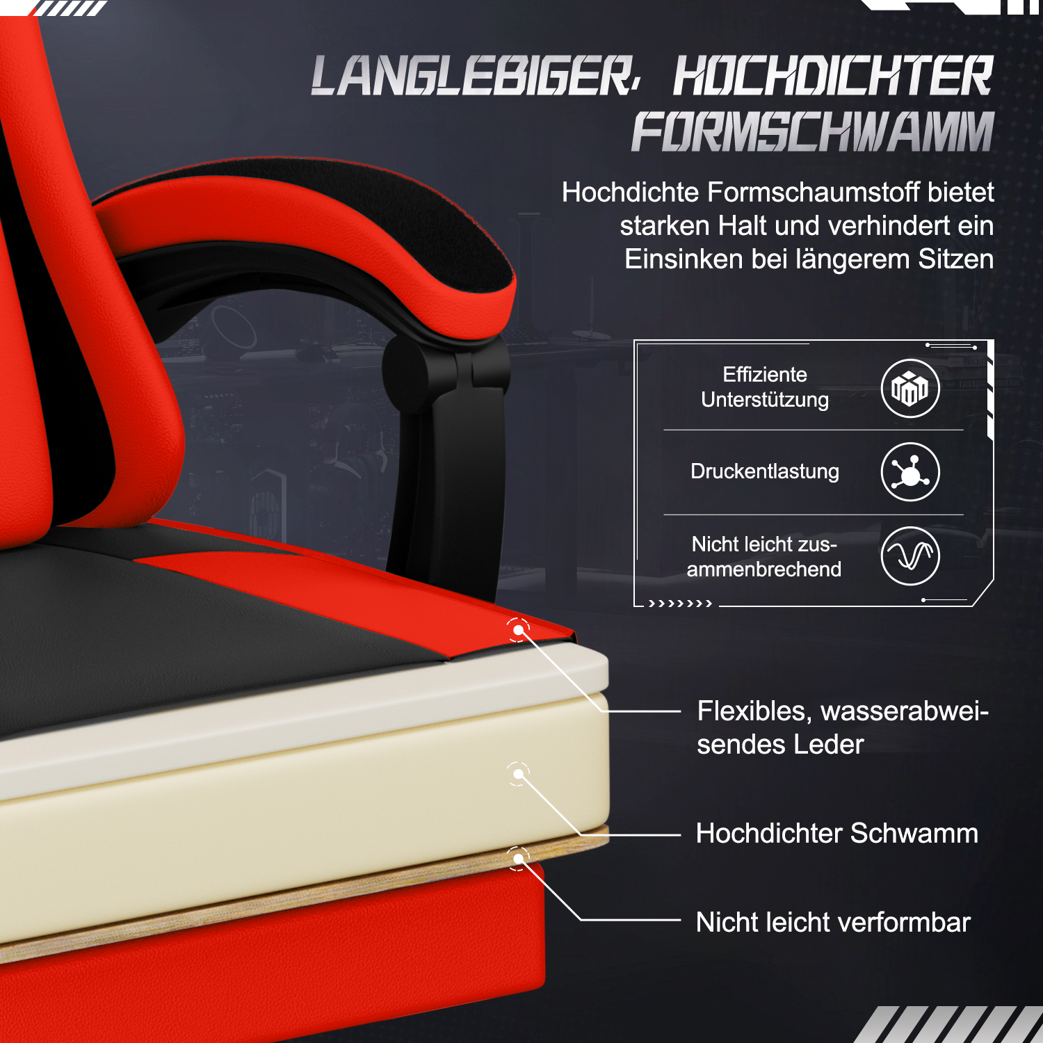 Nahaufnahme eines rot-schwarzen Gaming-Stuhls. Schaumstoffschichten sind sichtbar, mit Text, der seine Eigenschaften beschreibt.