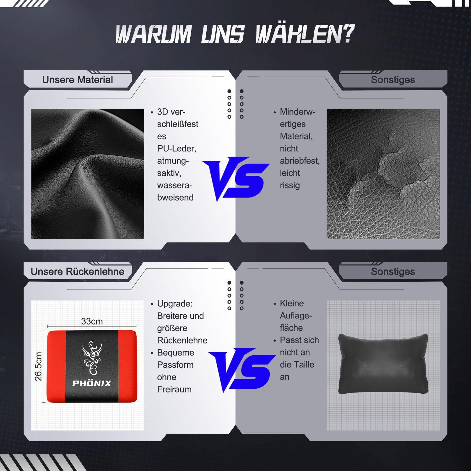 Vergleichstabelle: Hochwertiges schwarzes Leder vs. minderwertiges Material. Enthält eine rot-schwarze Rückenlehne und ein kleines schwarzes Kissen.