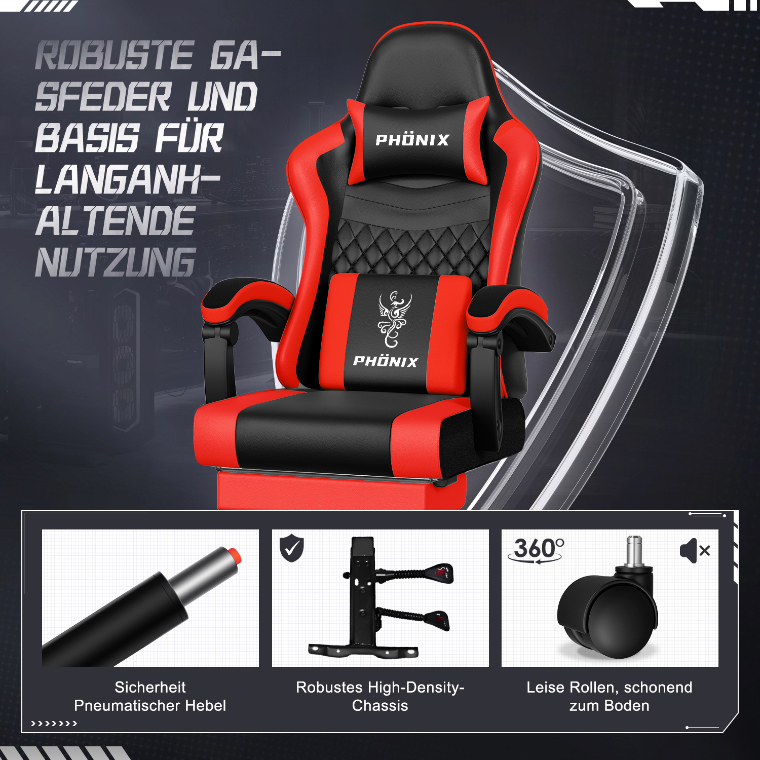 Ein rot-schwarzer Gaming-Stuhl mit der Marke 'PHONIX'. Details zeigen einen pneumatischen Hebel, High-Density-Chassis und 360°-Rollen.