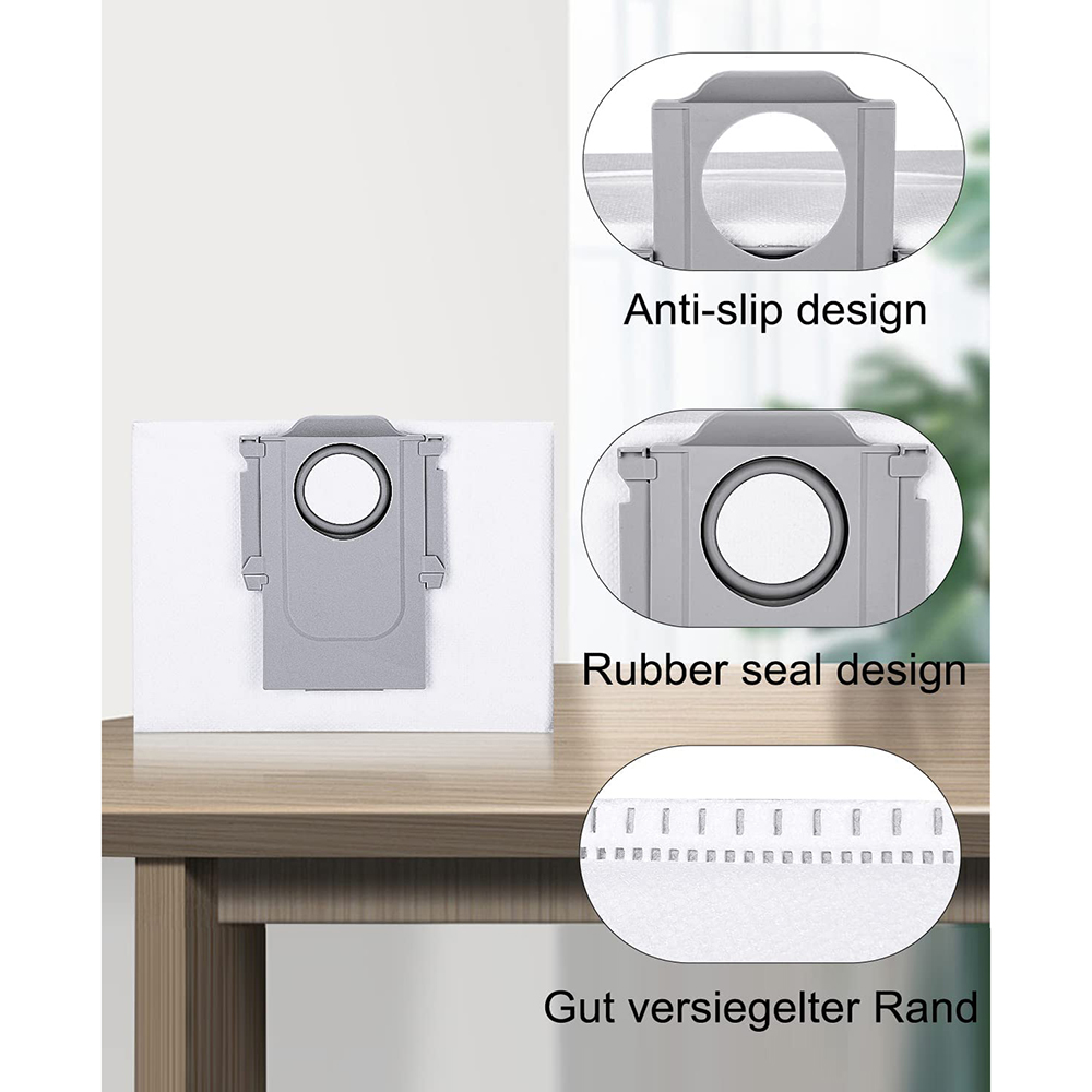 Das Bild zeigt einen Staubsaugerbeutel mit Details seines Designs. Es umfasst Anti-Rutsch-, Gummidichtungs- und versiegelte Kanten.