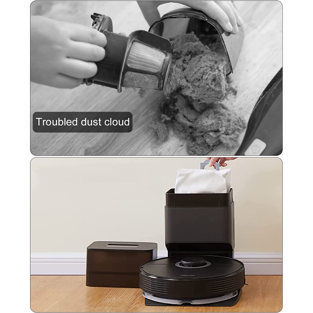 Ein Staubsauger wird entleert. Unten ein Roboterstaubsauger und eine Dockingstation mit einem Beutel.