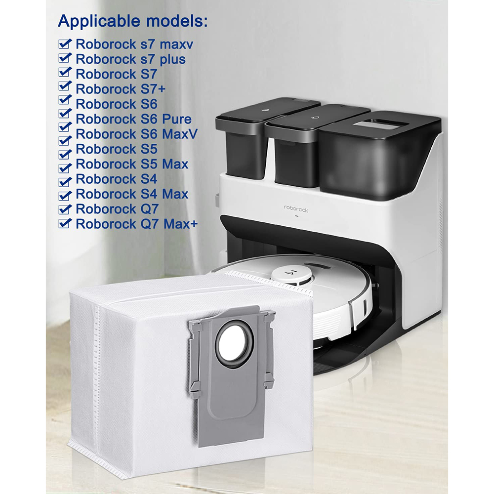 Ein weißer Roboterstaubsauger mit Ladestation und weißem Staubbeutel. Produktmodelle sind links aufgeführt.