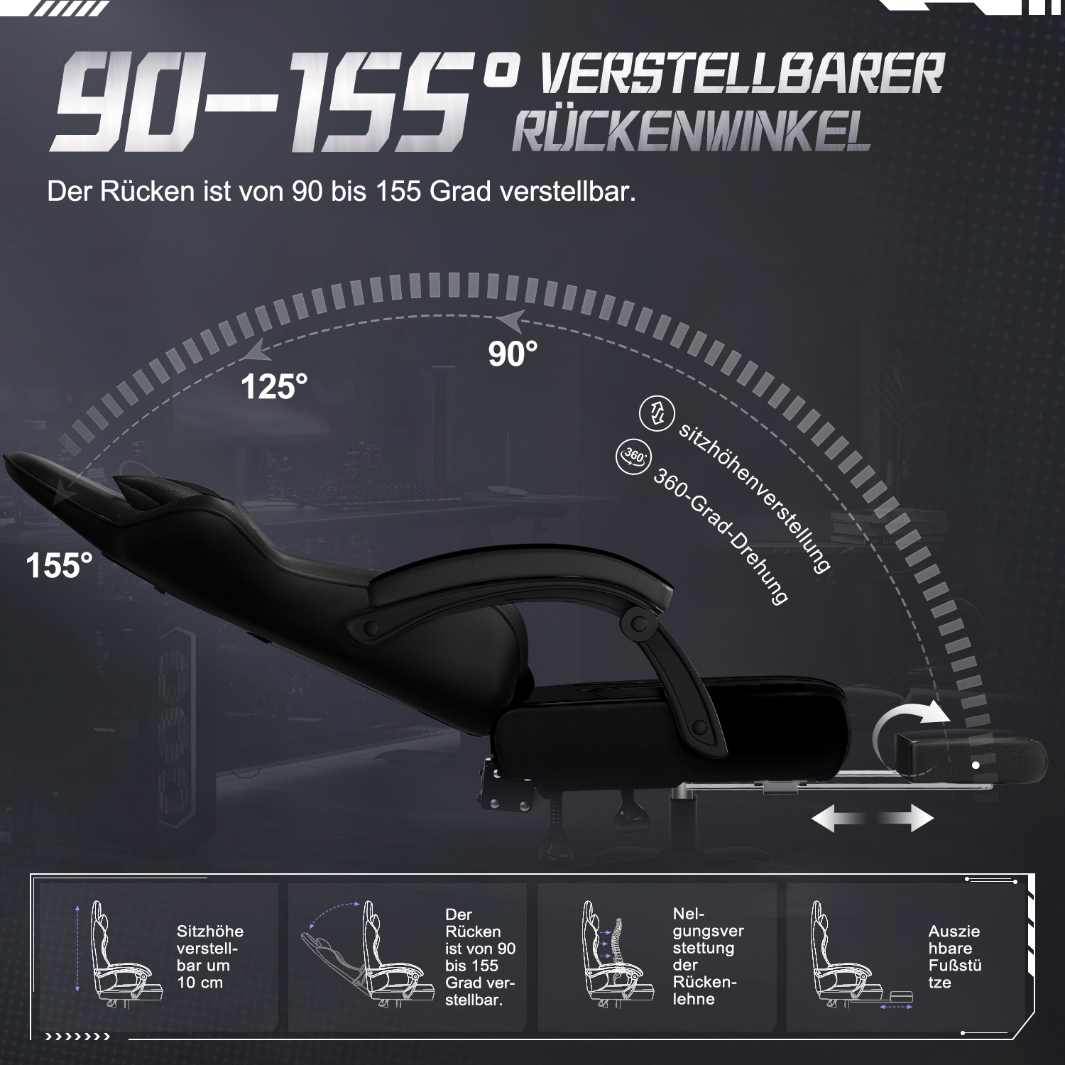 Ein schwarzer Gaming-Stuhl wird gezeigt. Er hat eine verstellbare Rückenlehne von 90 bis 155 Grad und weitere Funktionen wie Fußstütze.