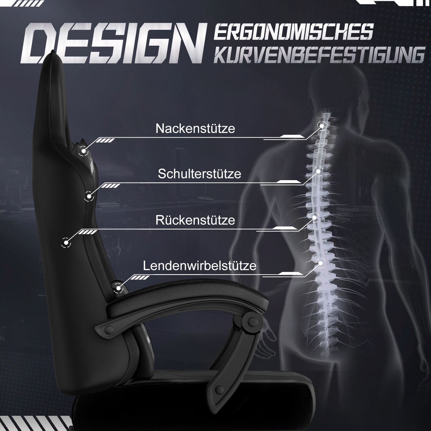 Schwarzer ergonomischer Stuhl mit Etiketten für Nacken-, Schulter-, Rücken- und Lendenwirbelstütze, mit Wirbelsäulen-Overlay und Text auf Deutsch.
