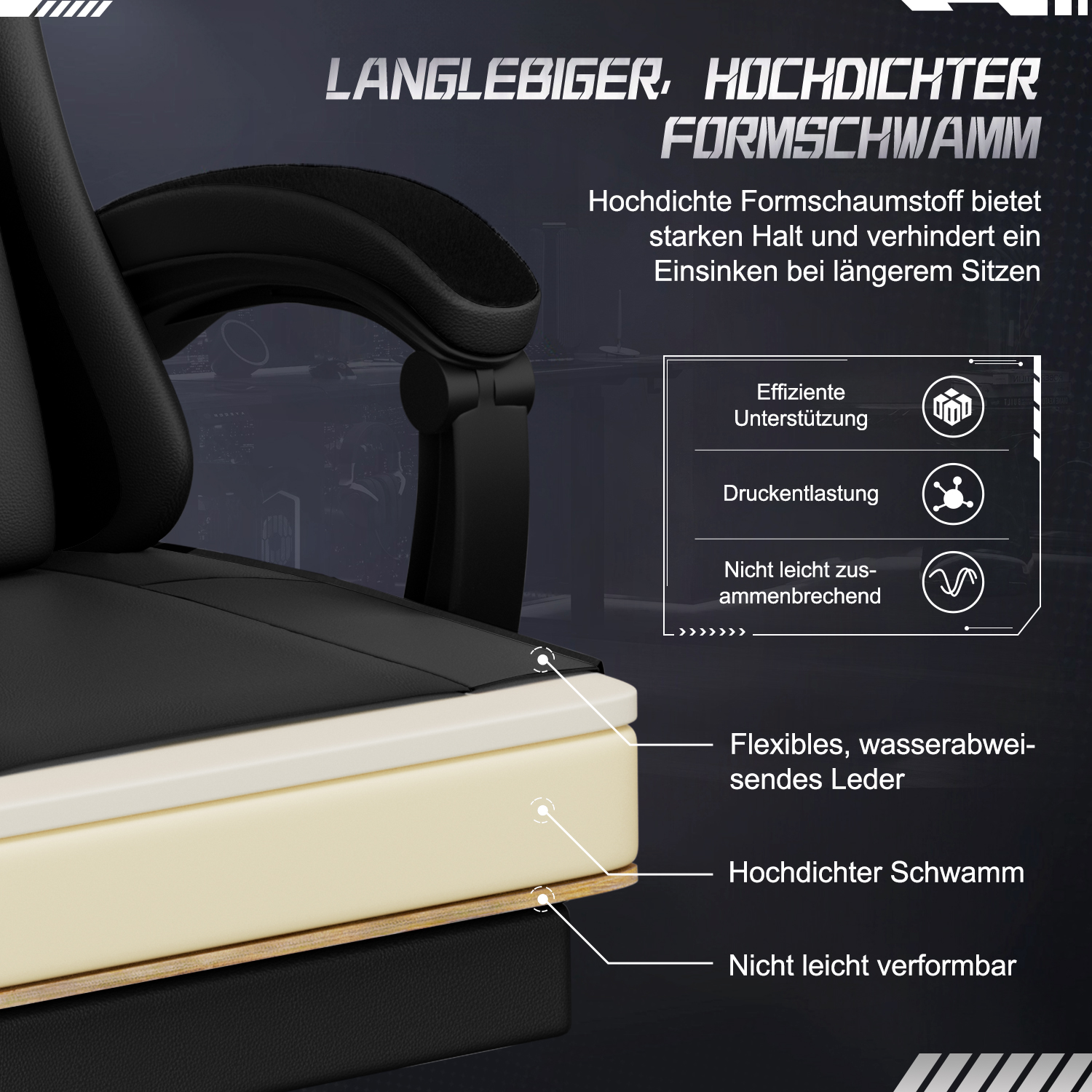 Anatomie eines schwarzen Stuhls mit Etiketten. Zeigt Schichten aus Leder, Schaumstoff und einer Basis.
