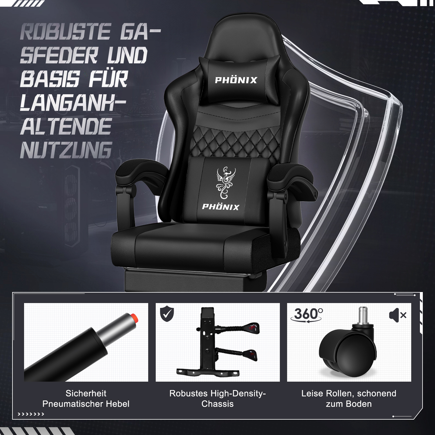 Schwarzer Gaming-Stuhl mit Kopf- und Lendenstütze, 'PHONIX'-Logo und Funktionen wie pneumatischer Hebel, hochdichtes Chassis und leise Rollen.