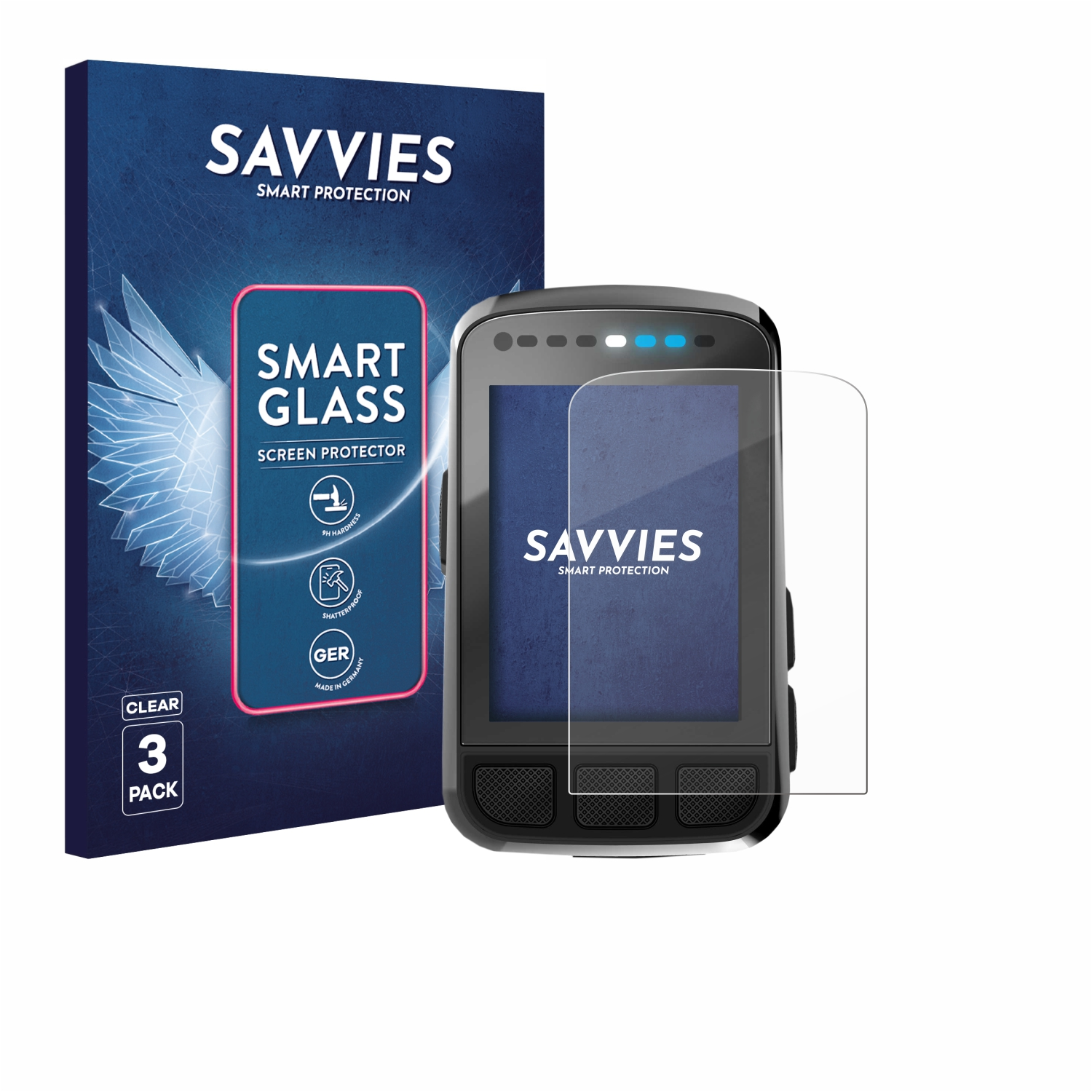 Ein Displayschutz, eine Smartwatch und die Verpackung werden angezeigt. Die Verpackung hat das Savvies-Logo und Produktdetails.