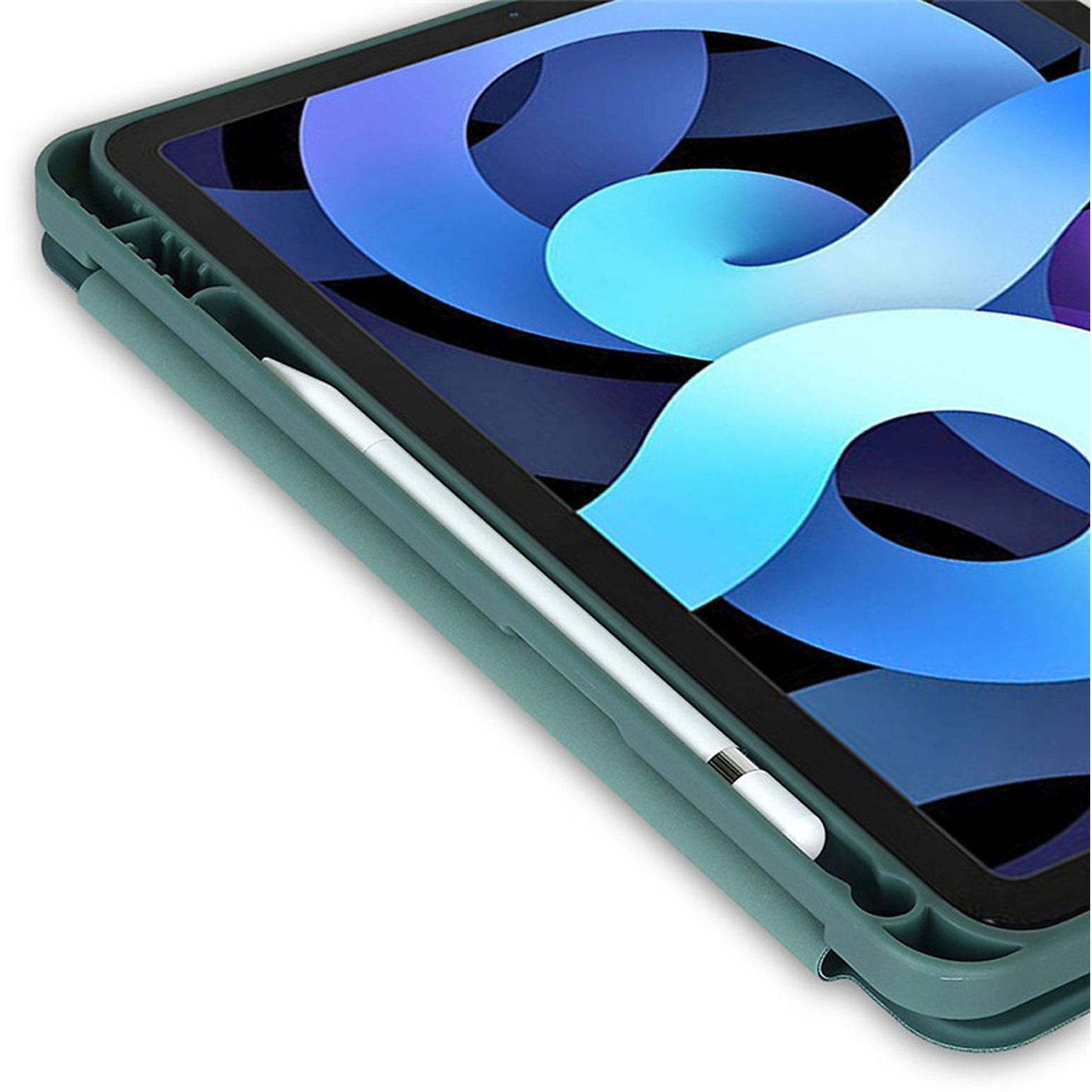 Ein iPad in einer grünen Hülle mit einem weißen Stift. Der Bildschirm zeigt ein blaues und weißes abstraktes Design.
