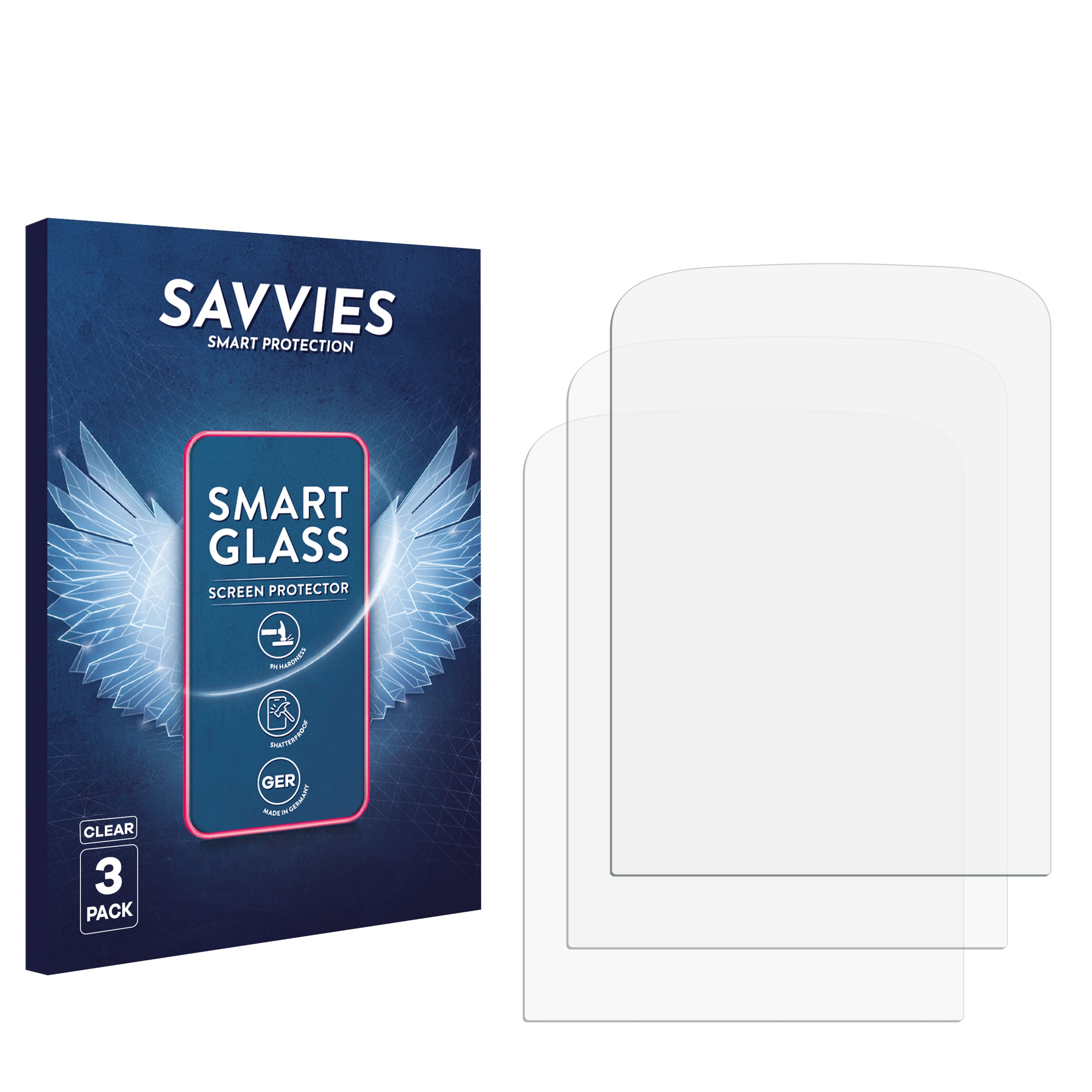 Eine Schachtel mit Savvies Smart Glass Displayschutzfolien. Rechts drei klare Displayschutzfolien.