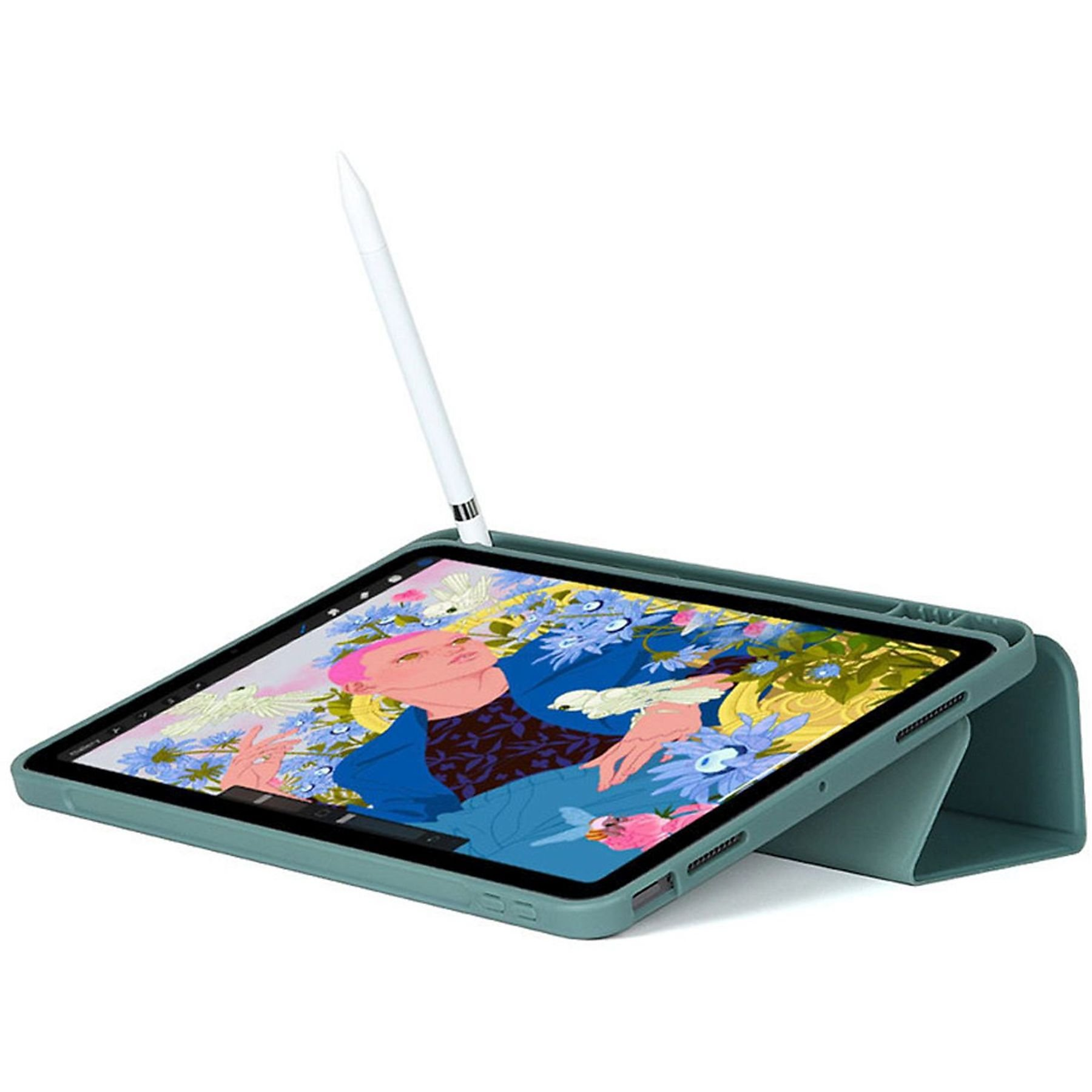 Tablet mit Kunst auf dem Bildschirm und Stift. Grüne Hülle. Die Illustration zeigt eine Person mit rosa Haaren und floralen Elementen.