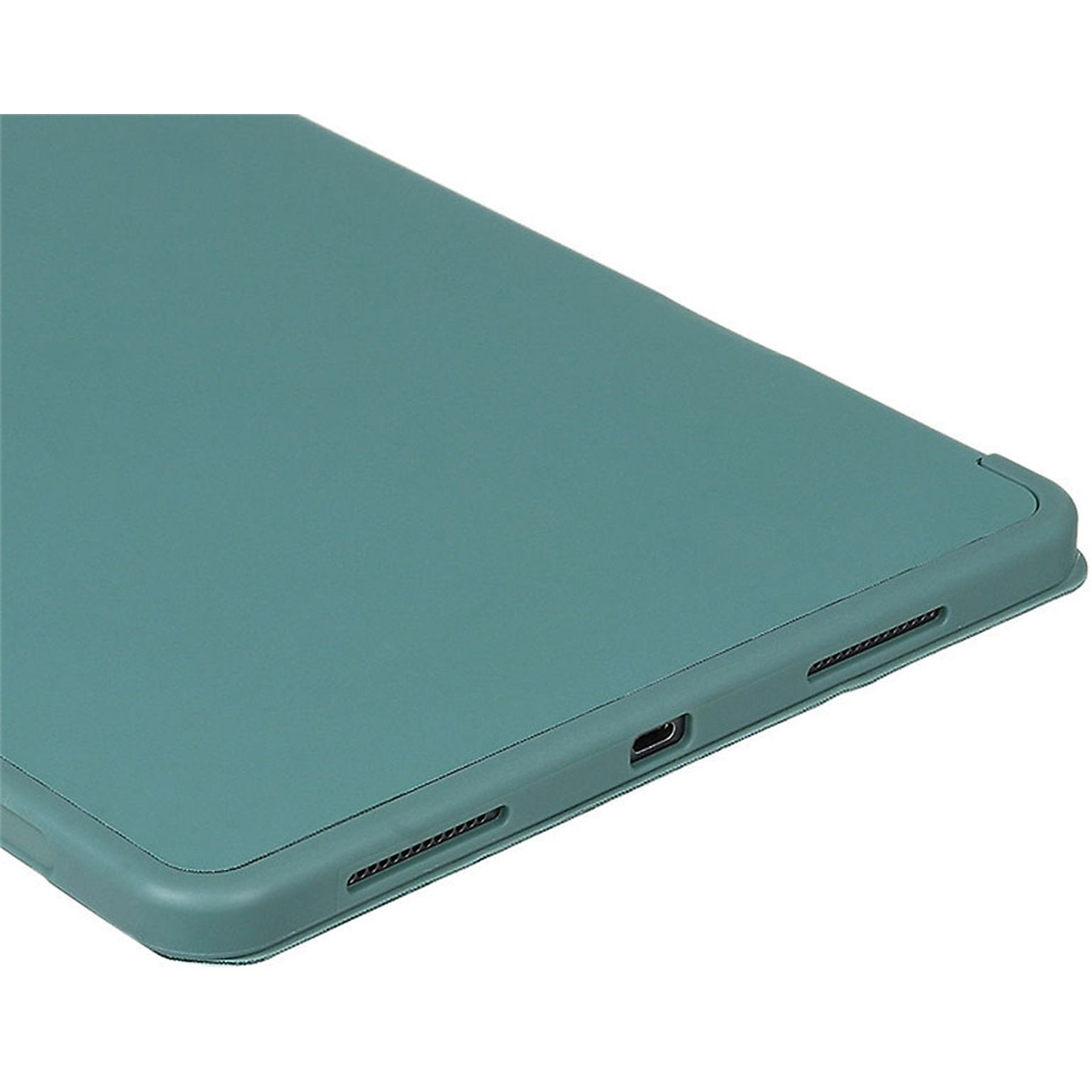 Nahaufnahme einer teal Tablet-Hülle.  Die Hülle hat eine glatte Oberfläche mit Ladeanschluss und Lautsprechergitter am Rand.