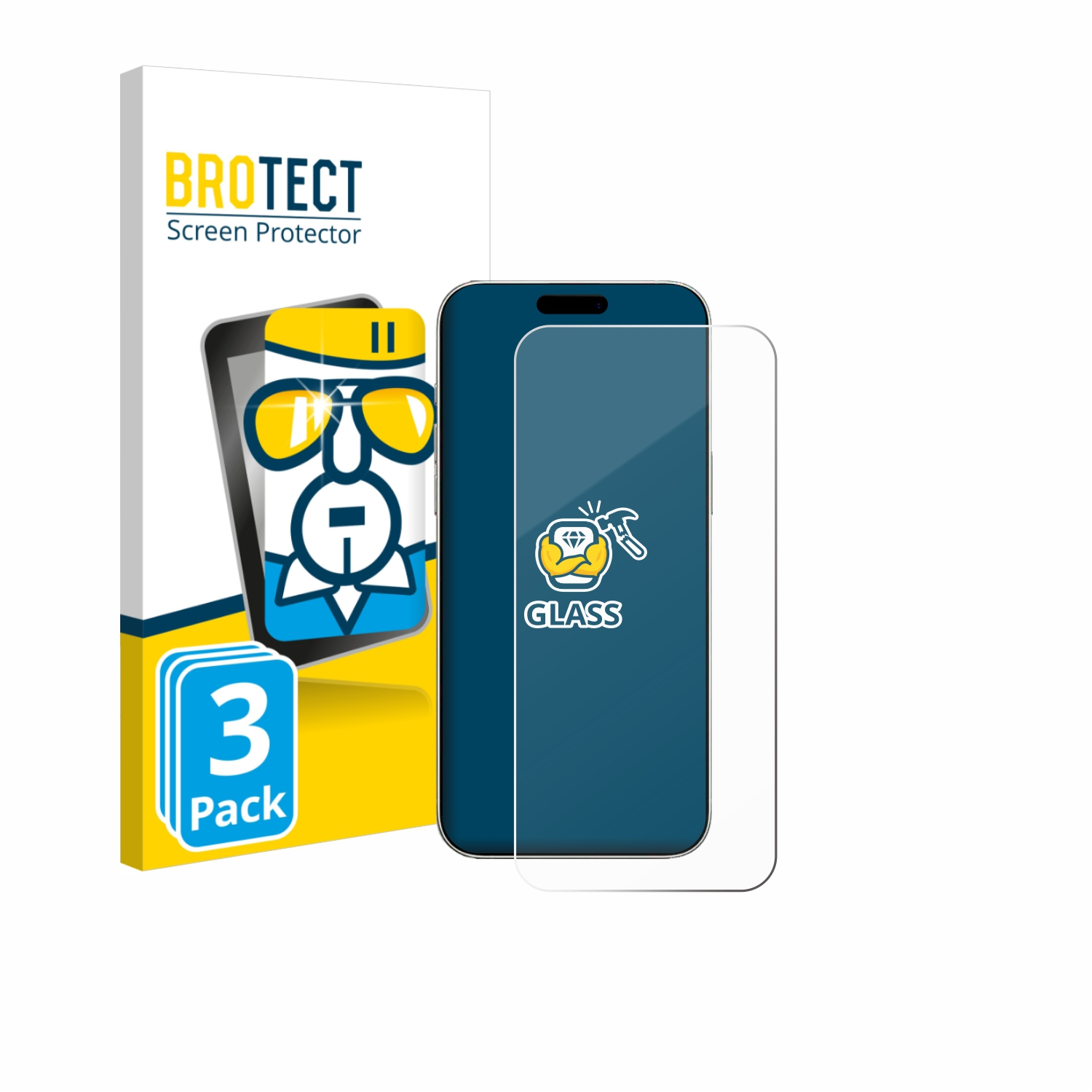 Eine Verpackung für einen Bildschirmschutz mit einem Telefon, einem Bildschirmschutz und einem 3er-Pack-Etikett.