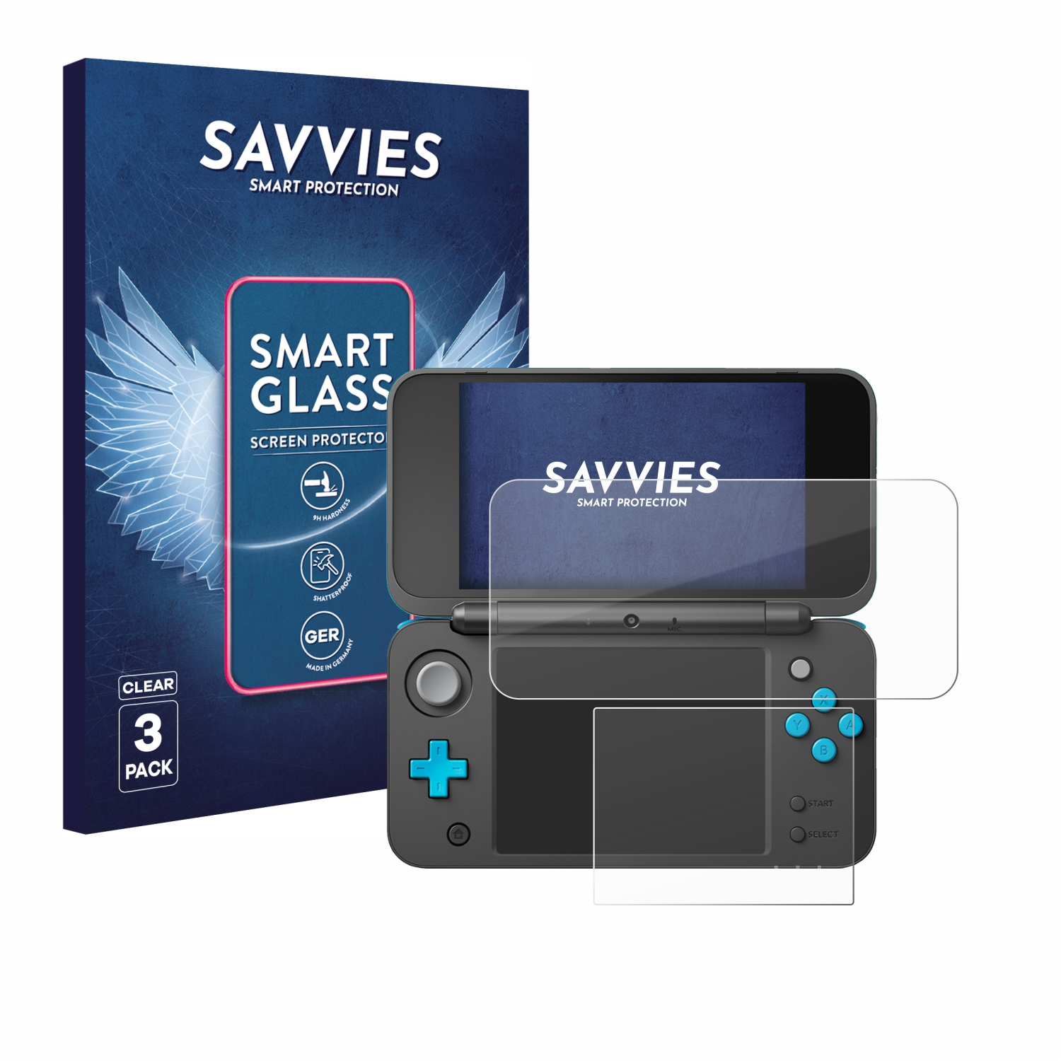 Ein Savvies Smart Glass Displayschutz-Kit für einen Nintendo 2DS. Enthält den Displayschutz und den 2DS selbst.