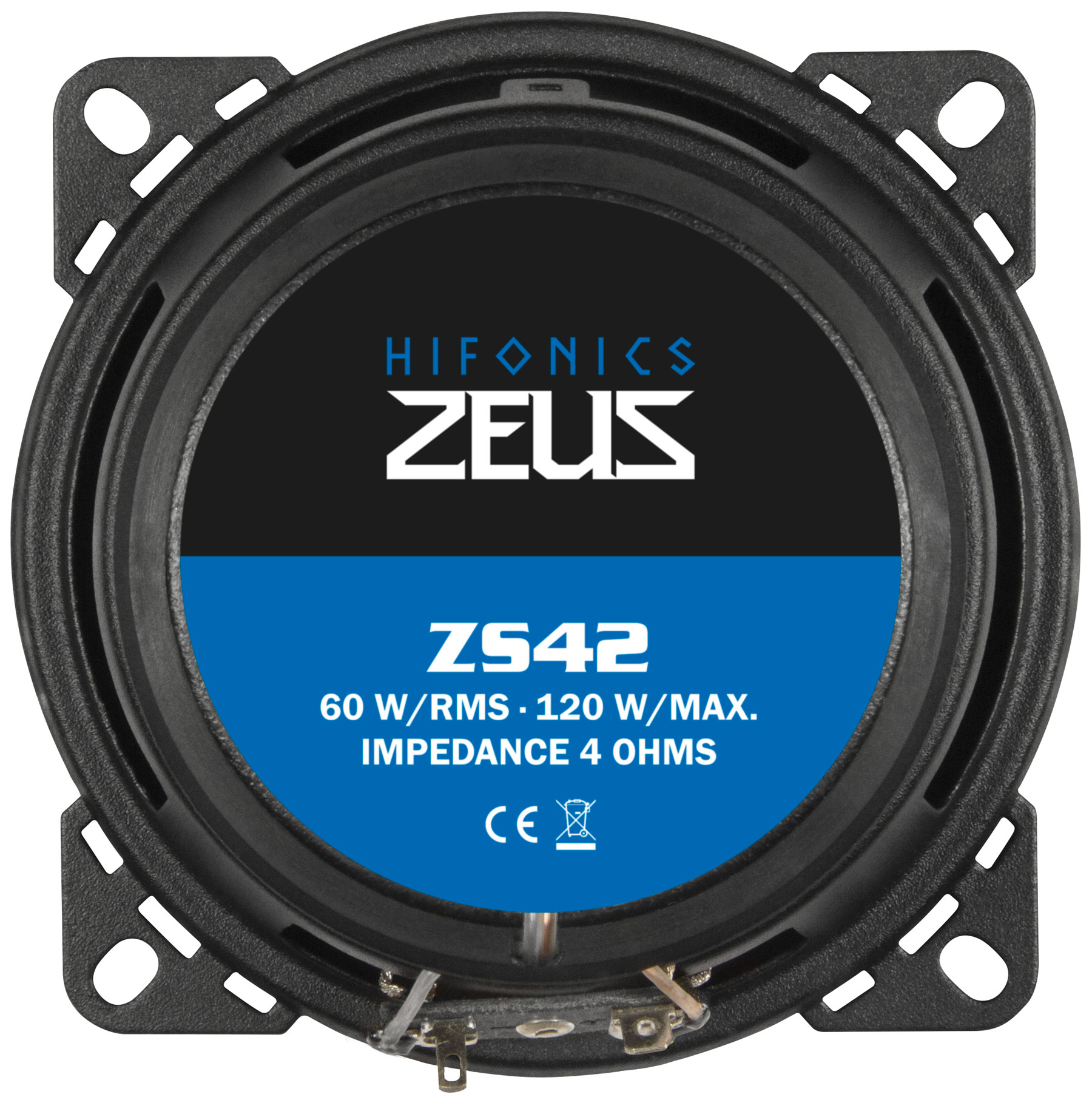 Ein runder Lautsprecher mit schwarzem Rahmen. Die Mitte hat ein schwarz-blaues Etikett. Text enthält 'HIFONICS ZEUS' und Spezifikationen.