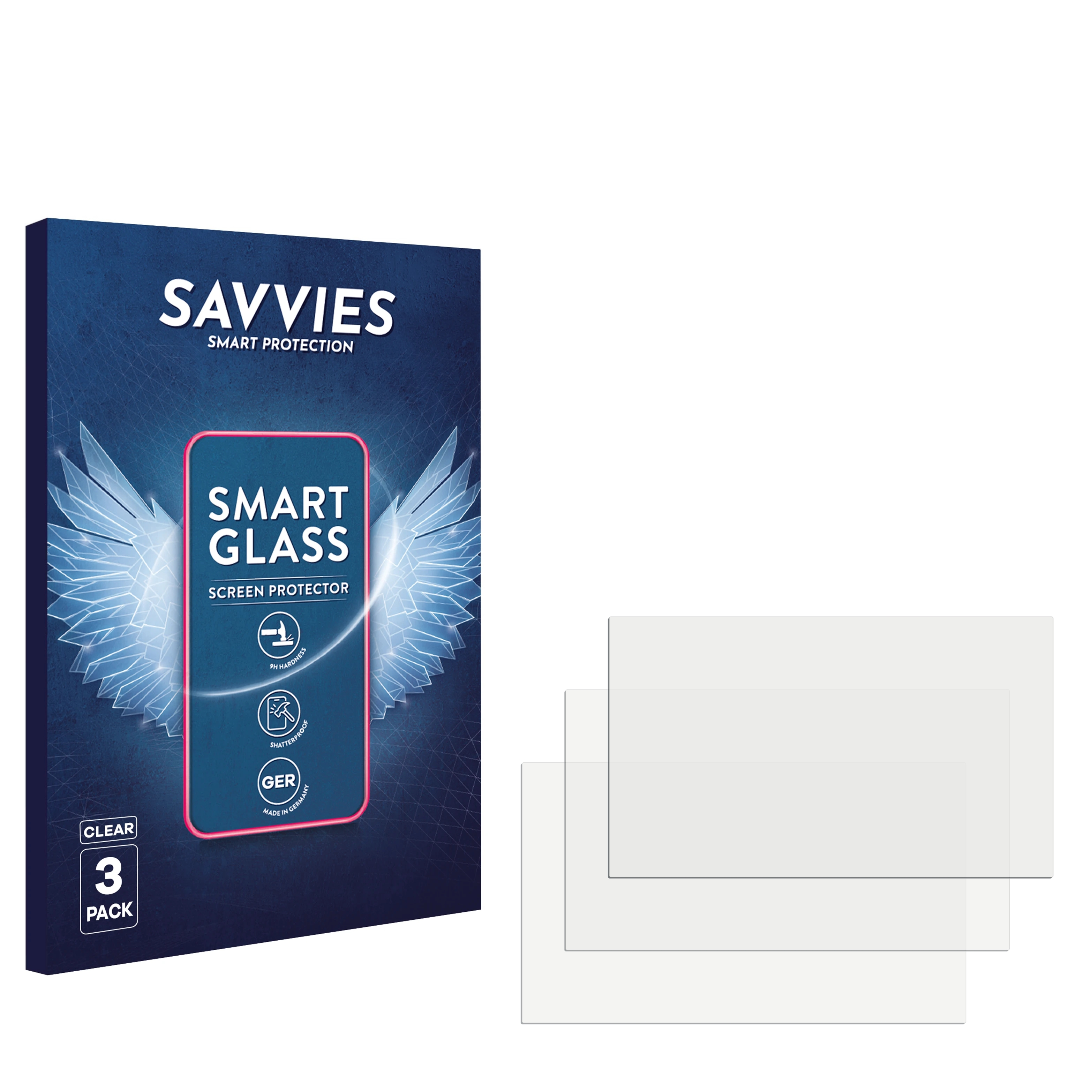 Eine Schachtel mit Savvies Smart Glass Displayschutzfolien. Klare Glasschutzfolien sind neben der Schachtel gestapelt.