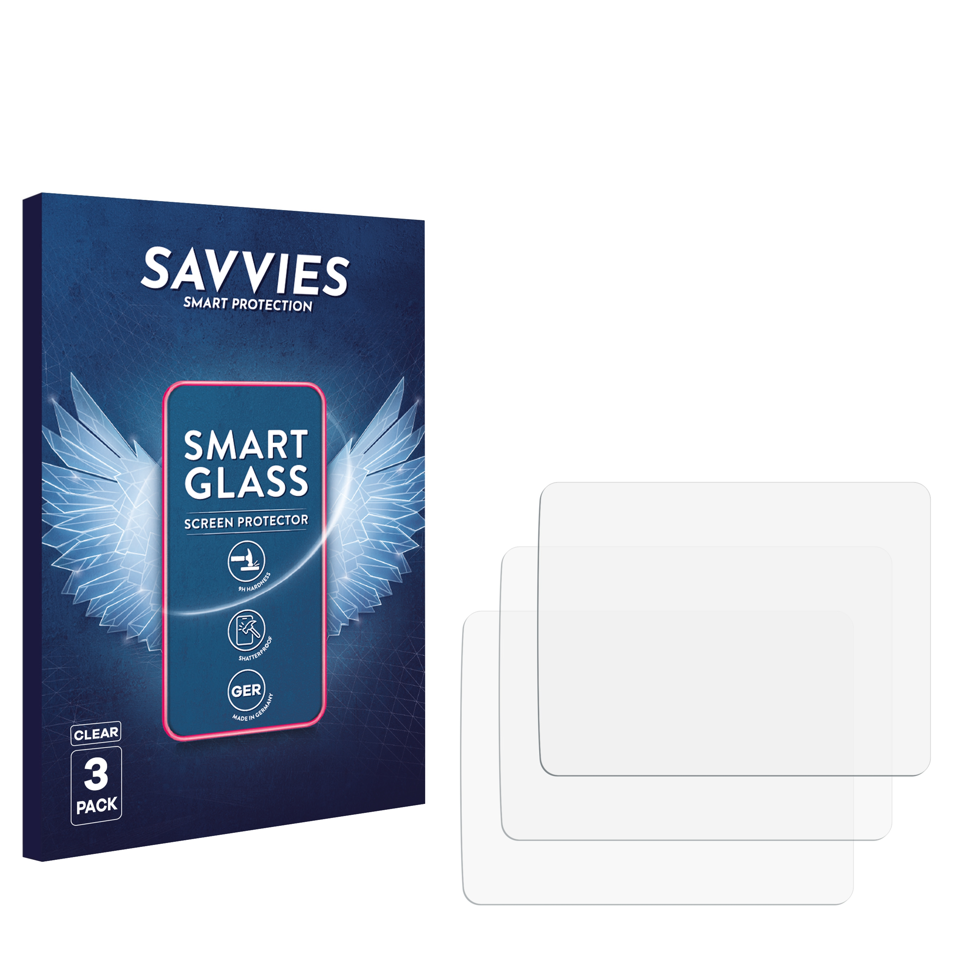 Eine Schachtel mit Displayschutzfolien und drei Glasschutzfolien auf weißem Hintergrund.