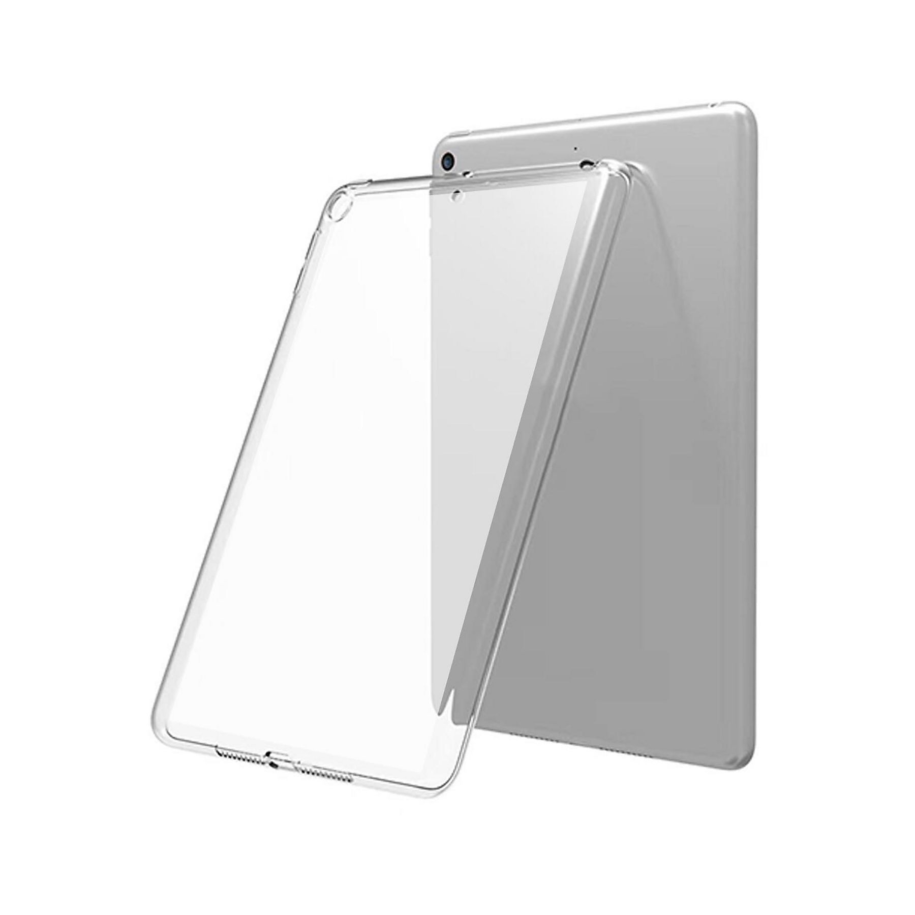 Eine transparente Tablet-Hülle lehnt an einem silbernen Tablet auf weißem Hintergrund.